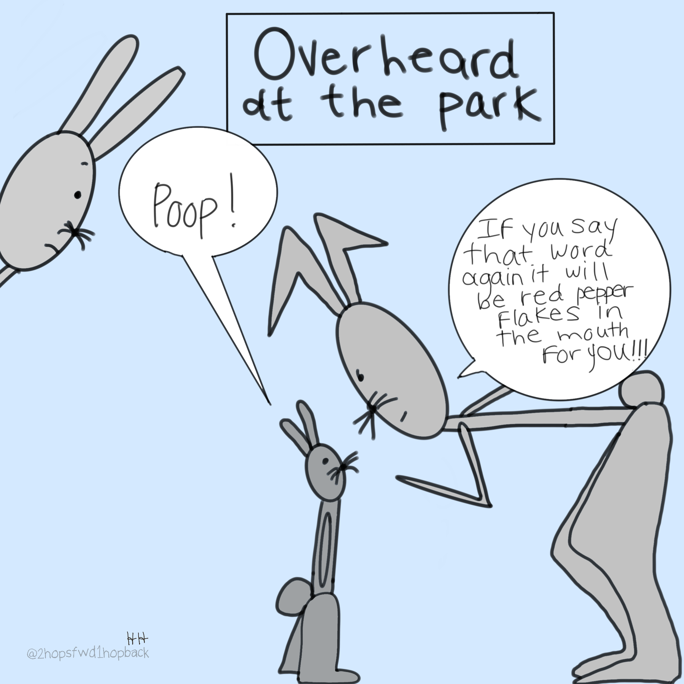 A030 - 2 hops forward 1 hop back - webcomic - child bunny says poop and parent bunny threatens punishment