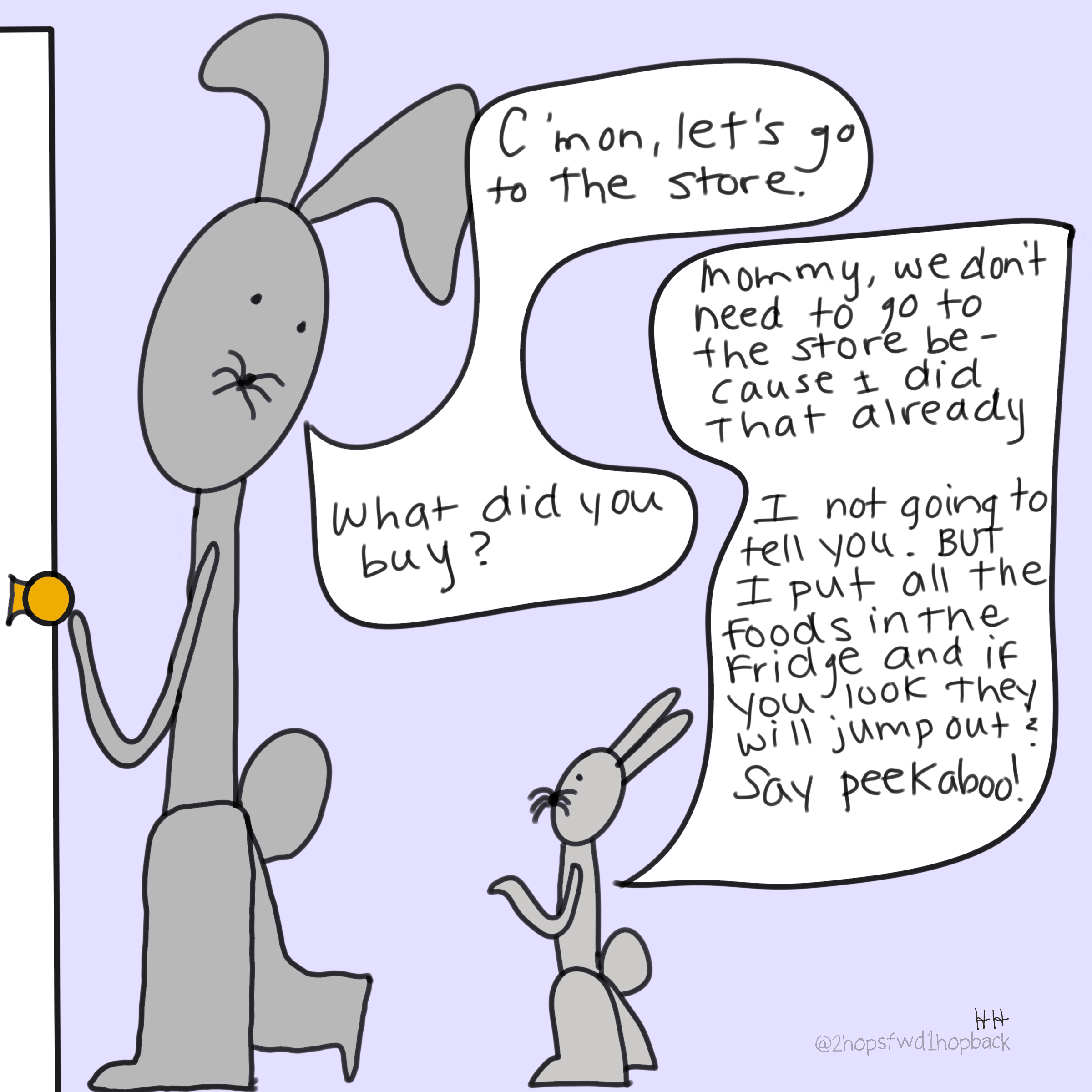 A036 - 2 hops forward 1 hop back - webcomic - child bunny avoids going to the store by playing a trick on mom