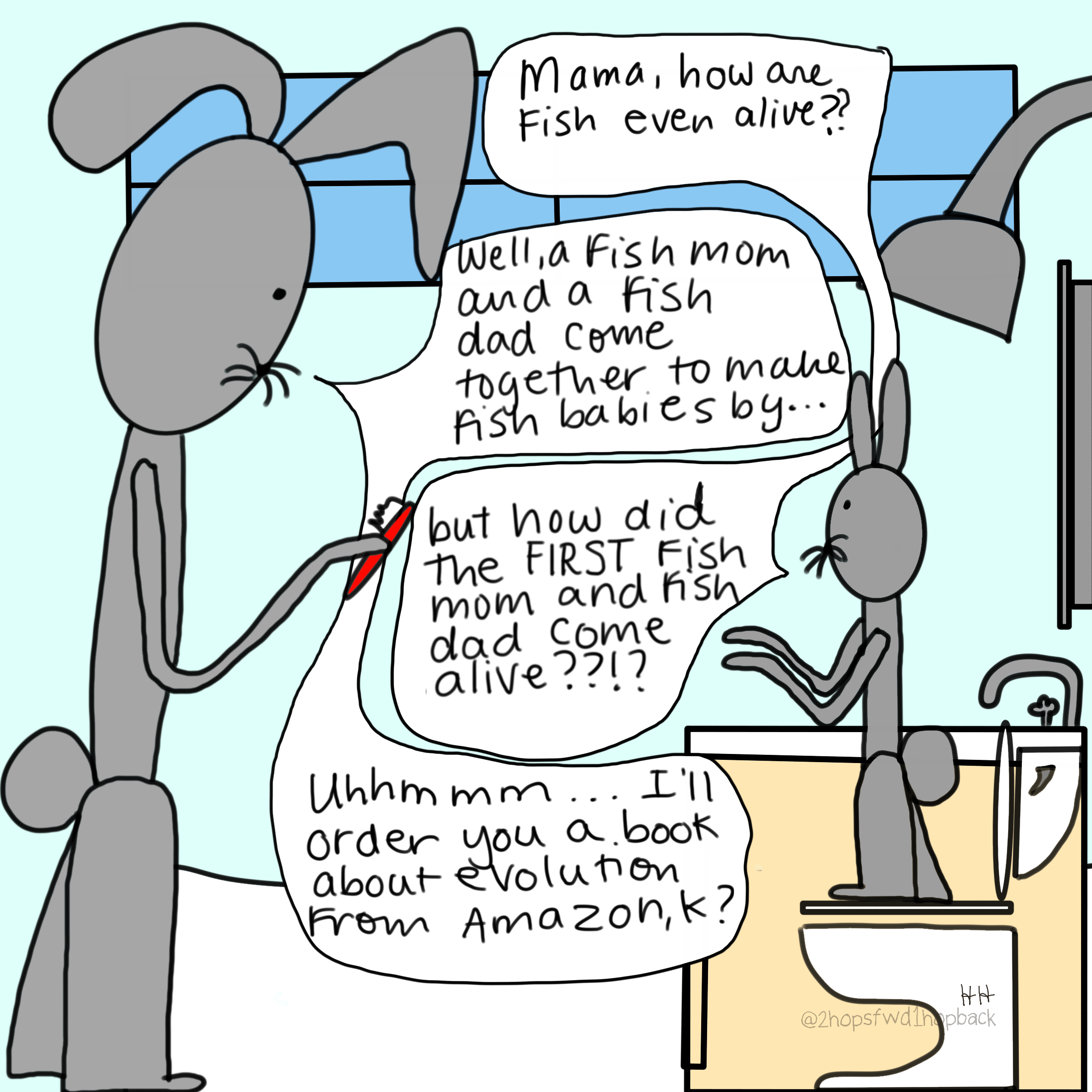 A072 - 2 hops forward 1 hop back - webcomic - child bunny asking where the first fish came from, parent is stumped and orders book online
