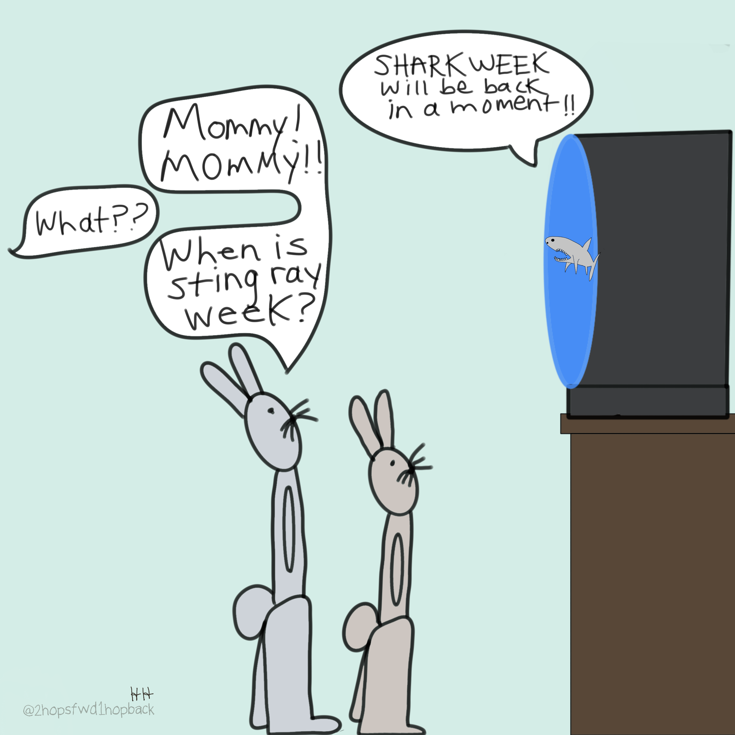 A012 - 2 hops forward 1 hop back - webcomic - little bunnies watching shark week and wishing for sting ray week instead