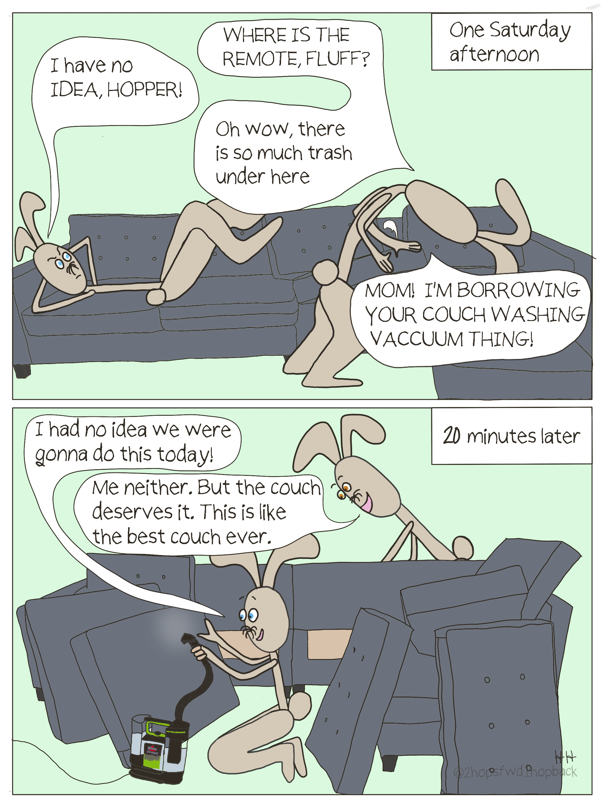 2026-004 - 2 hops forward 1 hop back - webcomic - tween bunnies spontaneously groom the couch
