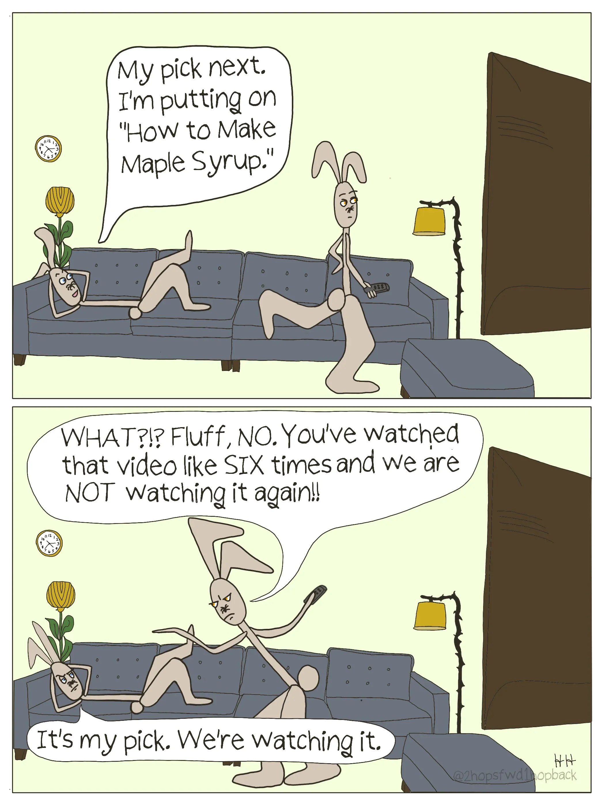 2026-032 - 2 hops forward 1 hop back - webcomic - sibling bunnies endlessly bicker over what to watch on tv