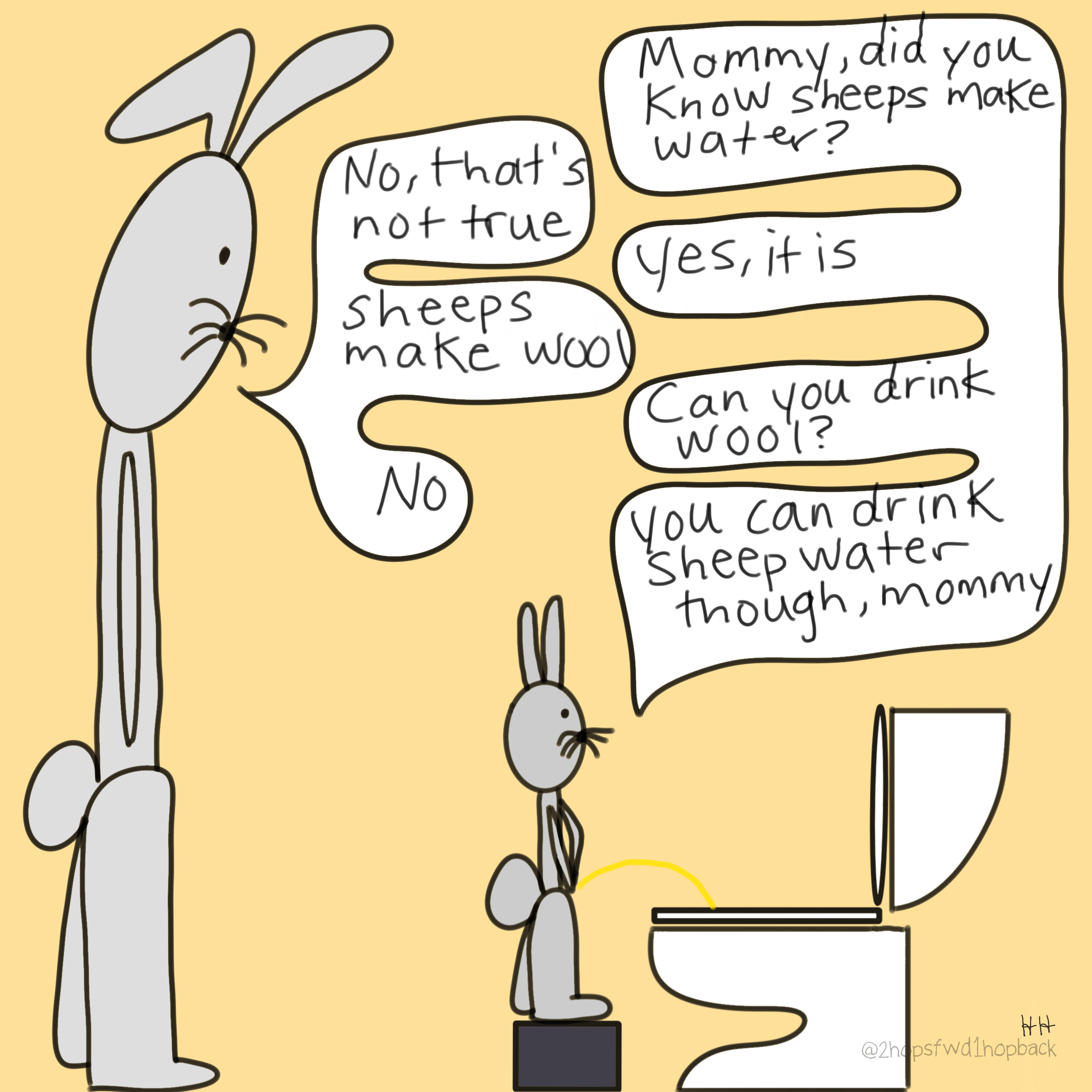 A014 - 2 hops forward 1 hop back - webcomic - child bunny explains wacky concept about sheep making water to mom