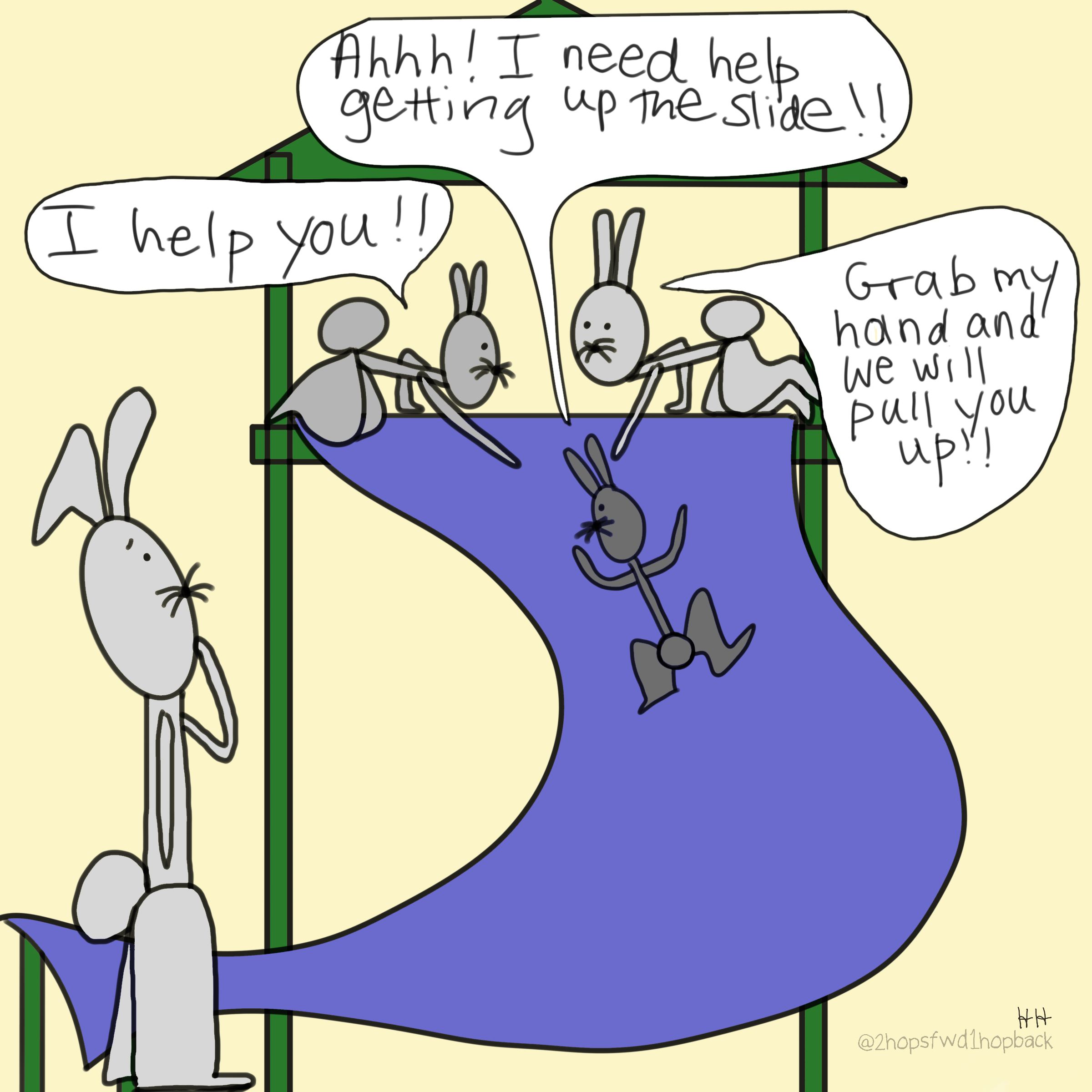 A024 - 2 hops forward 1 hop back - webcomic - child bunnies helping each other without prompting from adults