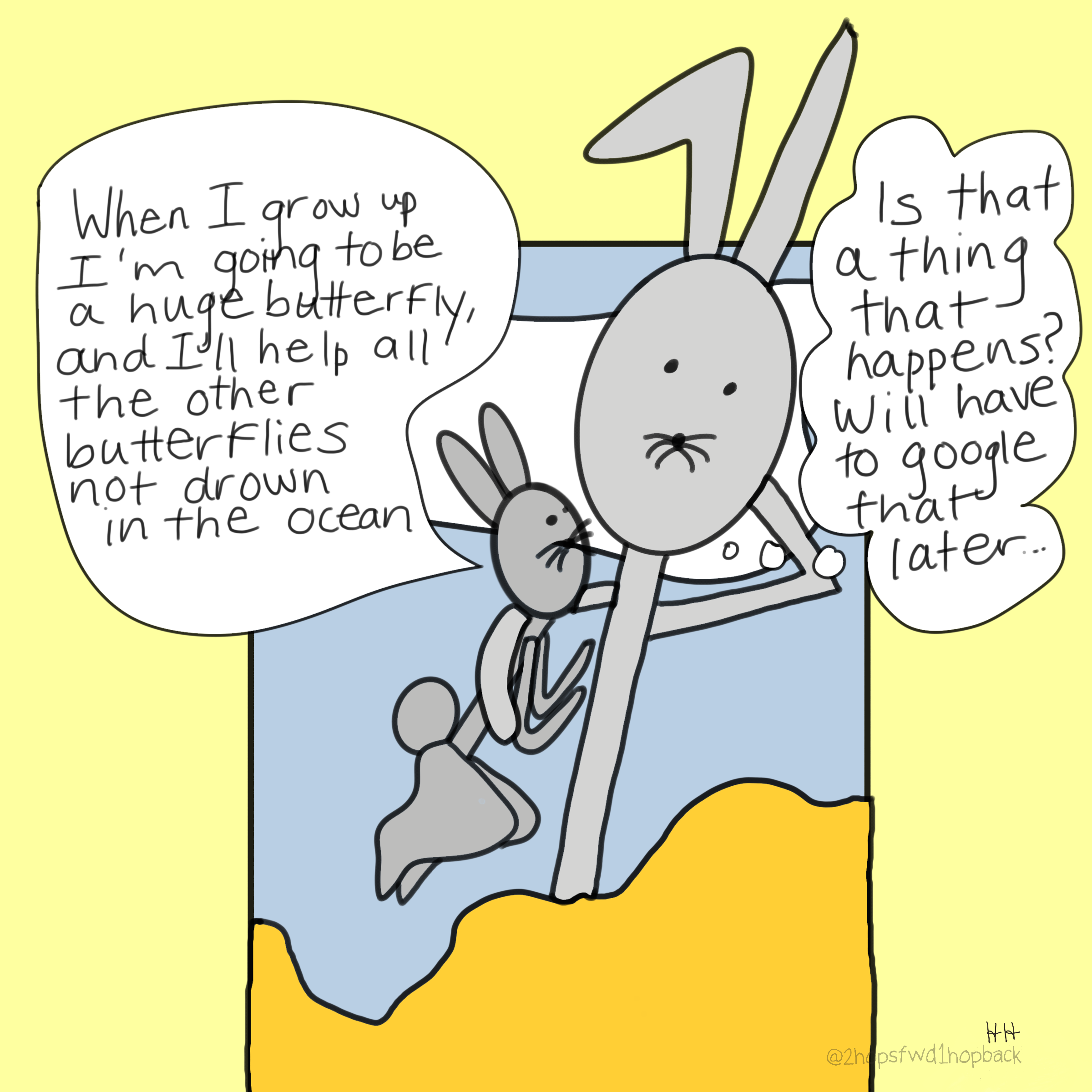 A018 - 2 hops forward 1 hop back - webcomic - child bunny tells mom about future plans to morph into a butterfly and save other butterflies from drowning in the ocean