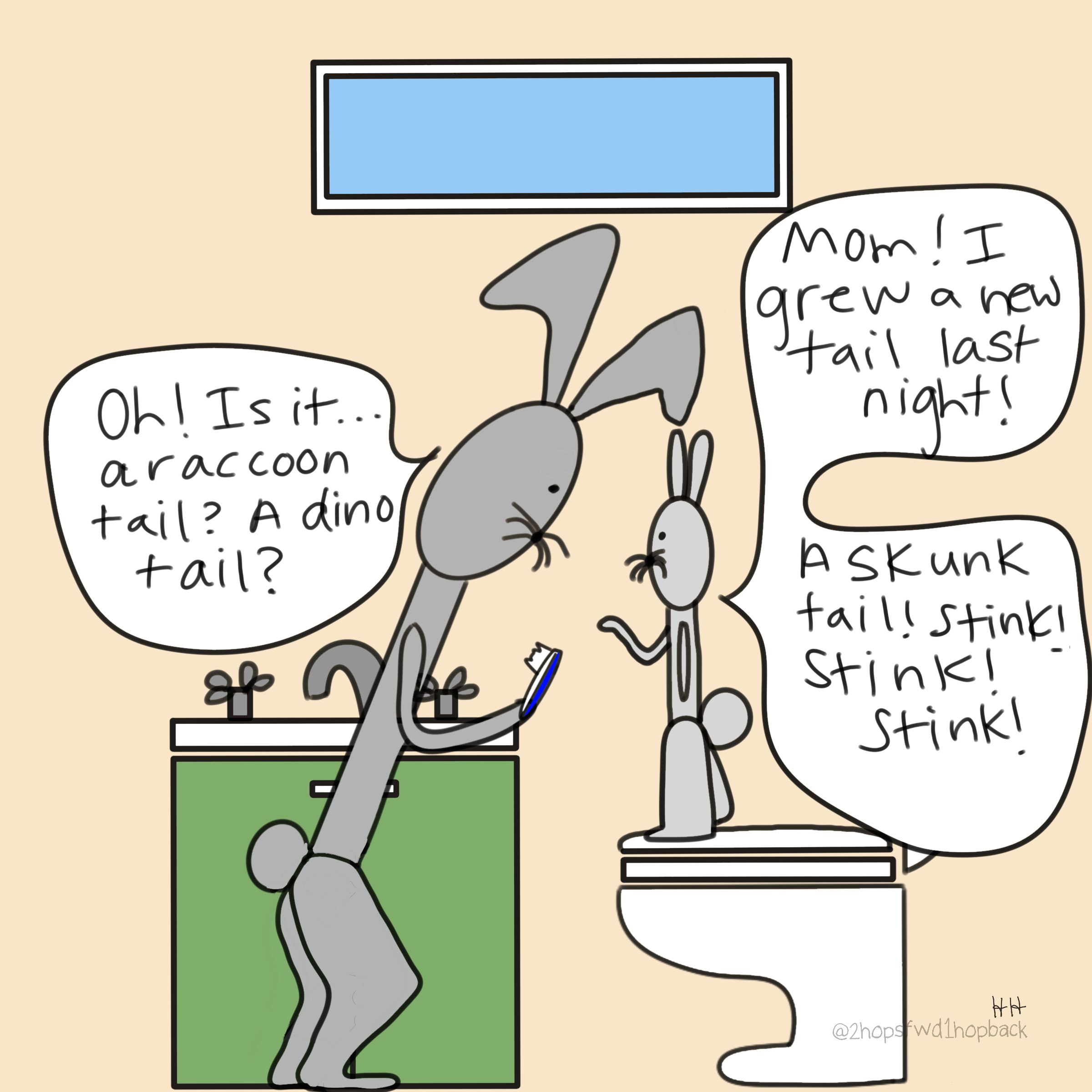 A034 - 2 hops forward 1 hop back - webcomic - child bunny claims to have grown a skunk tail overnight