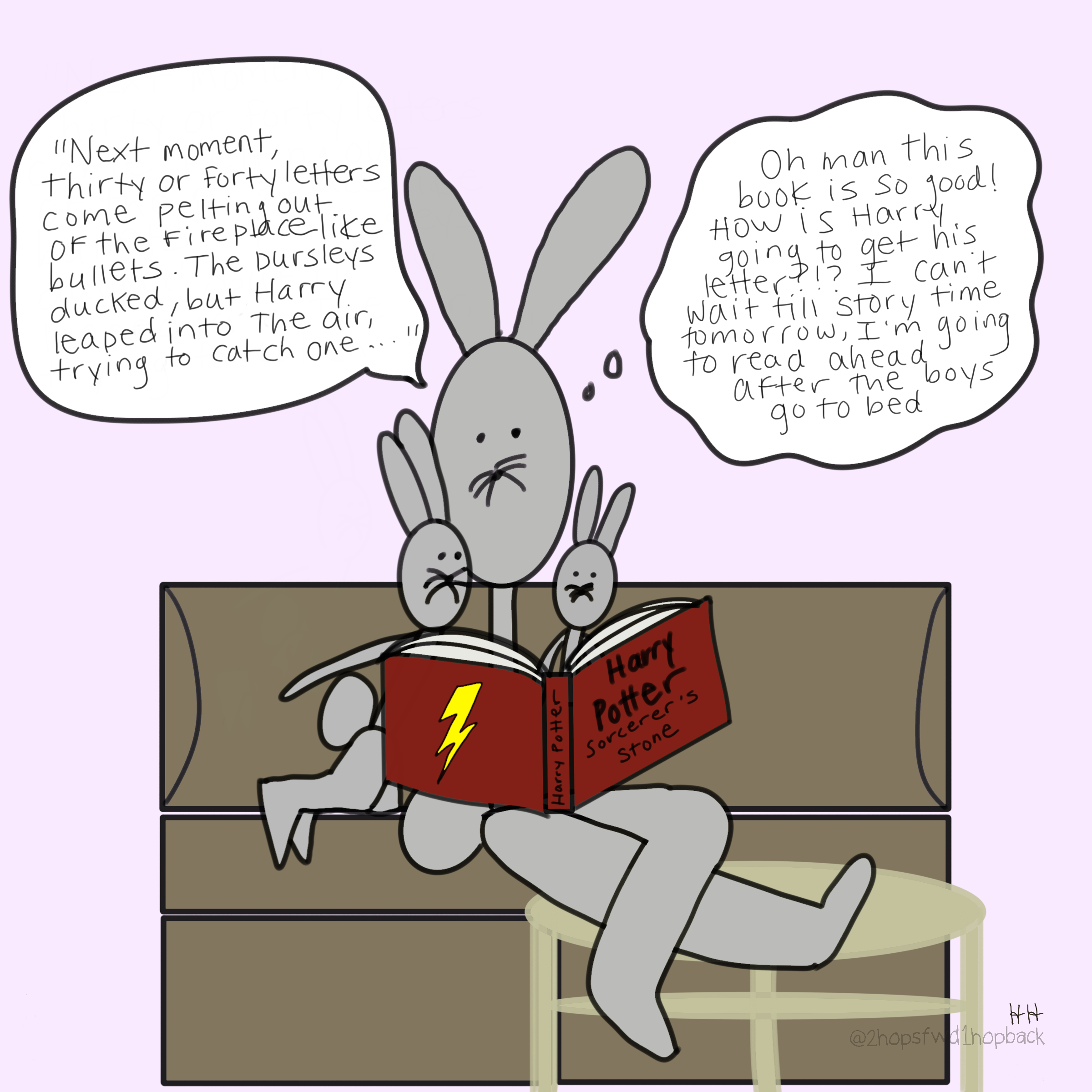A015 - 2 hops forward 1 hop back - webcomic - parent bunny reads harrry pottter to children and simultaneously plots to read ahead after they go to bed