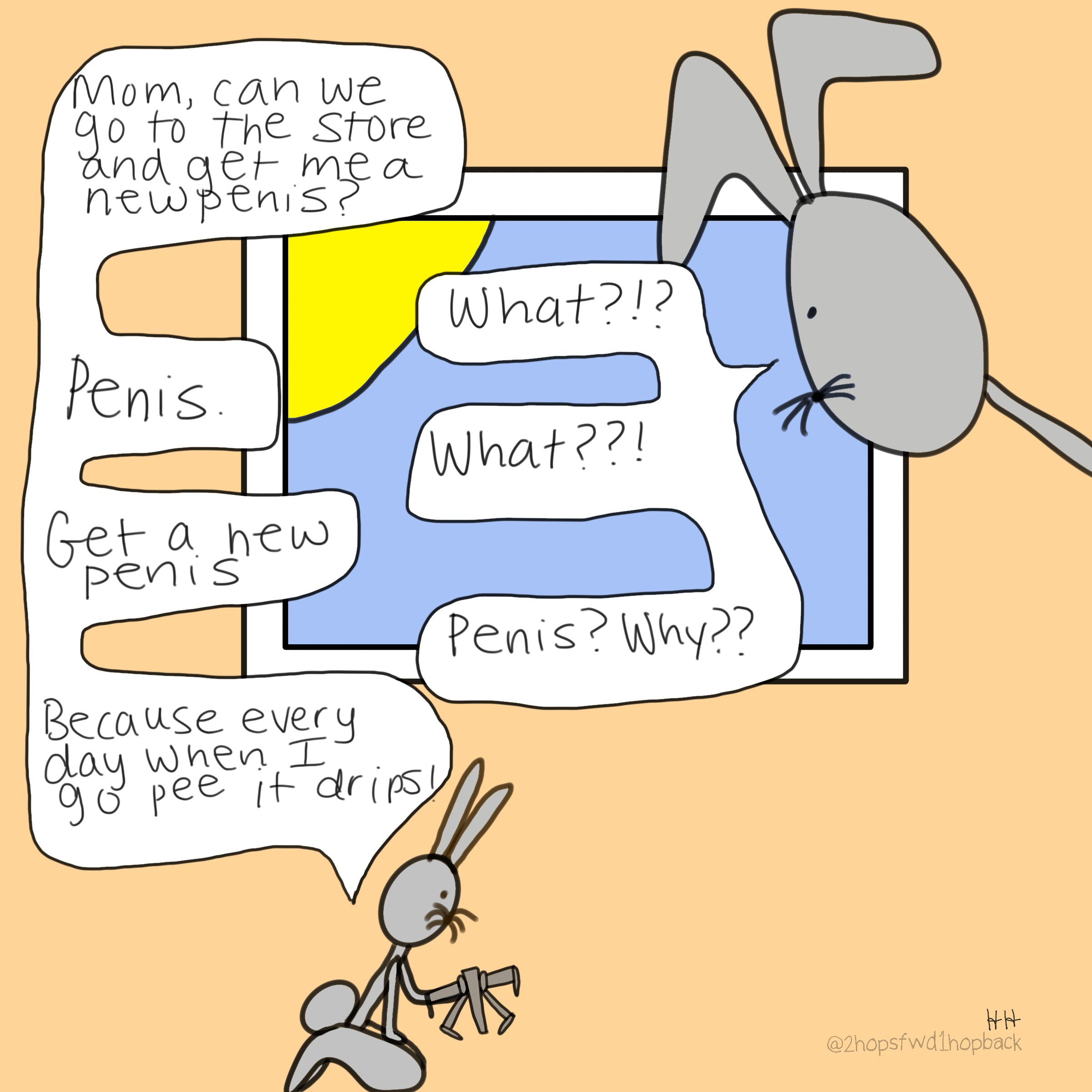A044 - 2 hops forward 1 hop back - webcomic - child bunny requests to purchase a unique new item at the store, causing confusion 