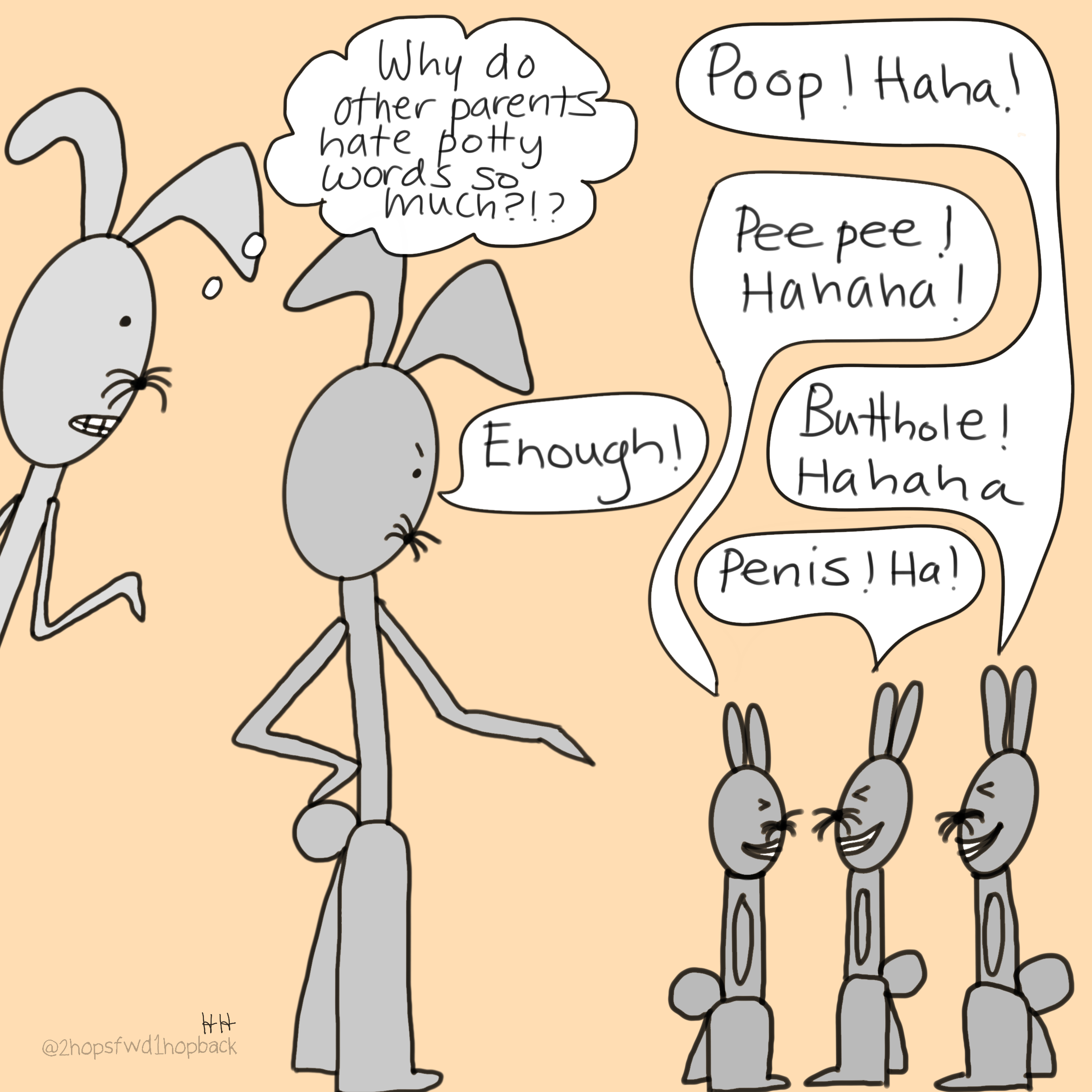 A052 - 2 hops forward 1 hop back - webcomic - child bunnies say potty words, other parents commands them to stop