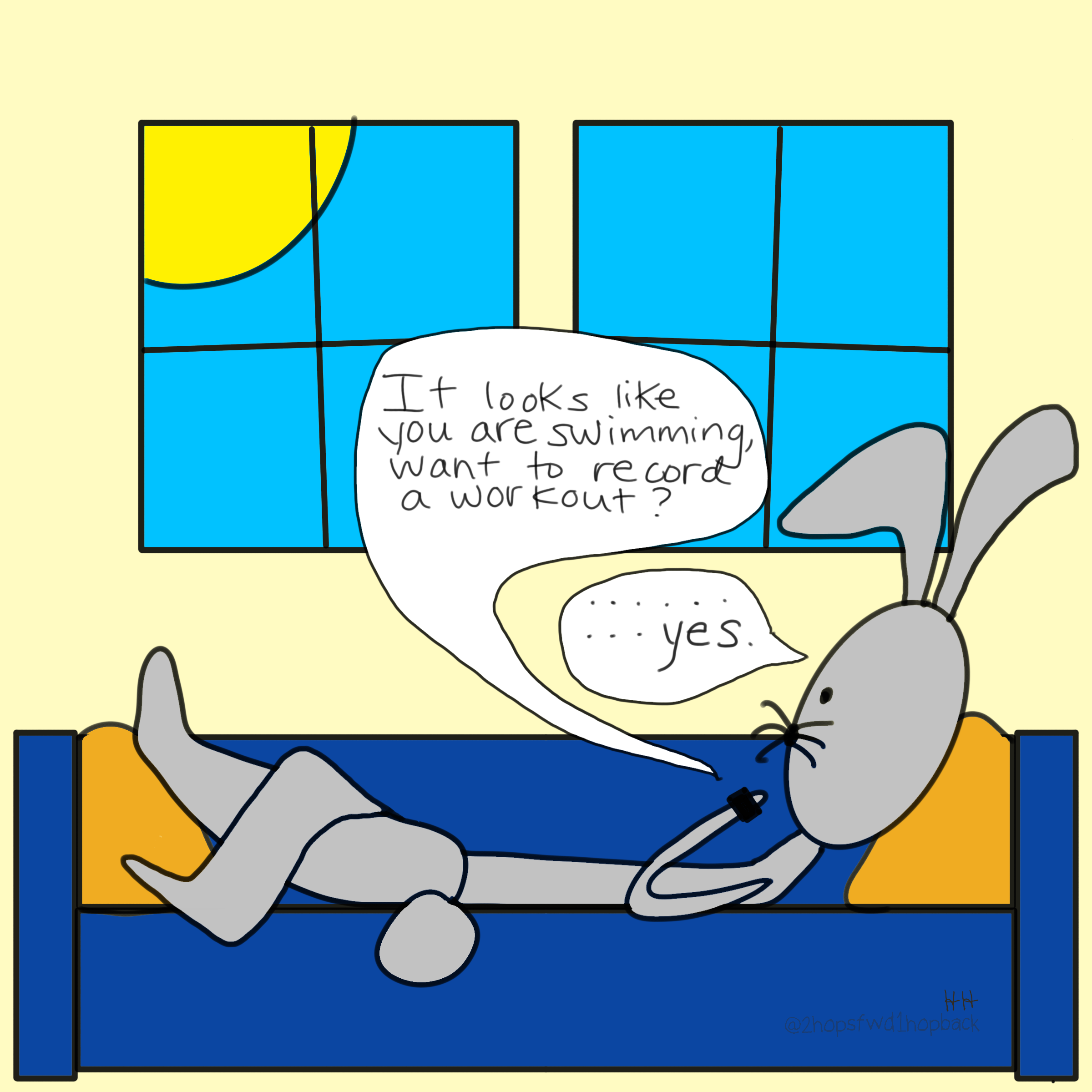 A031 - 2 hops forward 1 hop back - webcomic - bunny with apple watch confirms they are swimming when clearly they are sitting on the couch