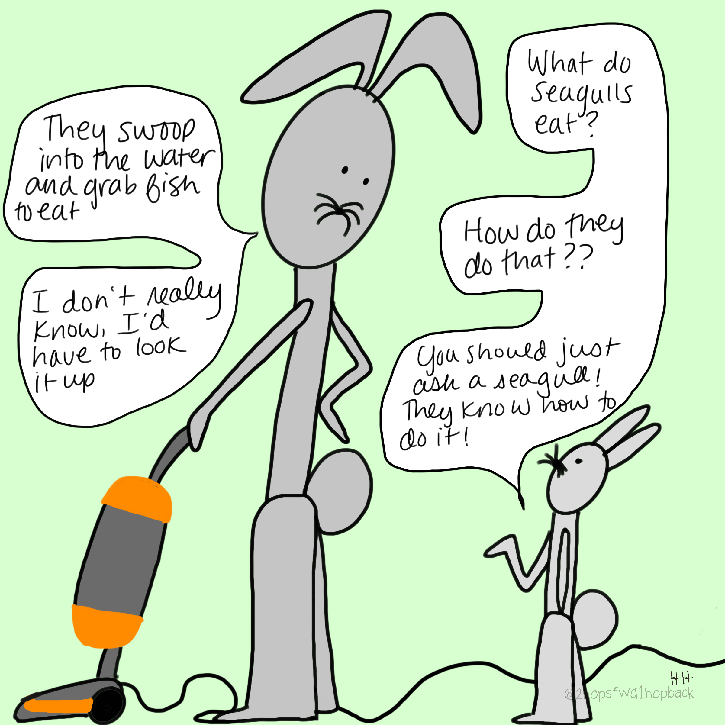 A063 - 2 hops forward 1 hop back - webcomic - child bunny asking parent how seagulls eat and requests parent to ask a seagull if they don't know themselves