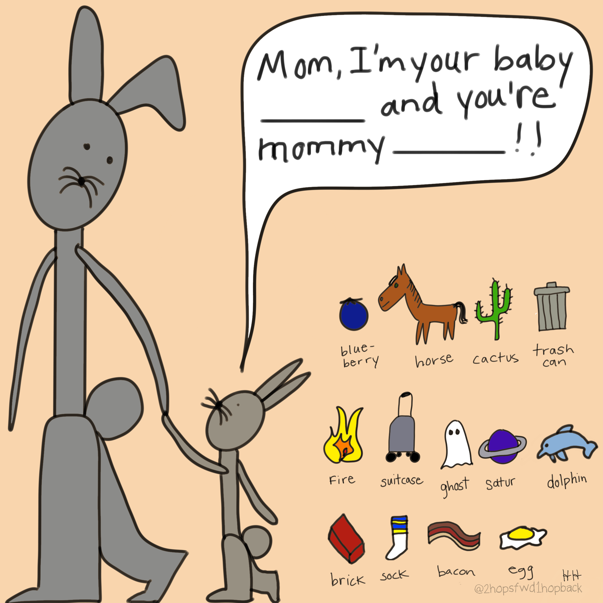 A010 - 2 hops forward 1 hop back - webcomic - little bunny playing pretends to be various inanimate objects, together with mom