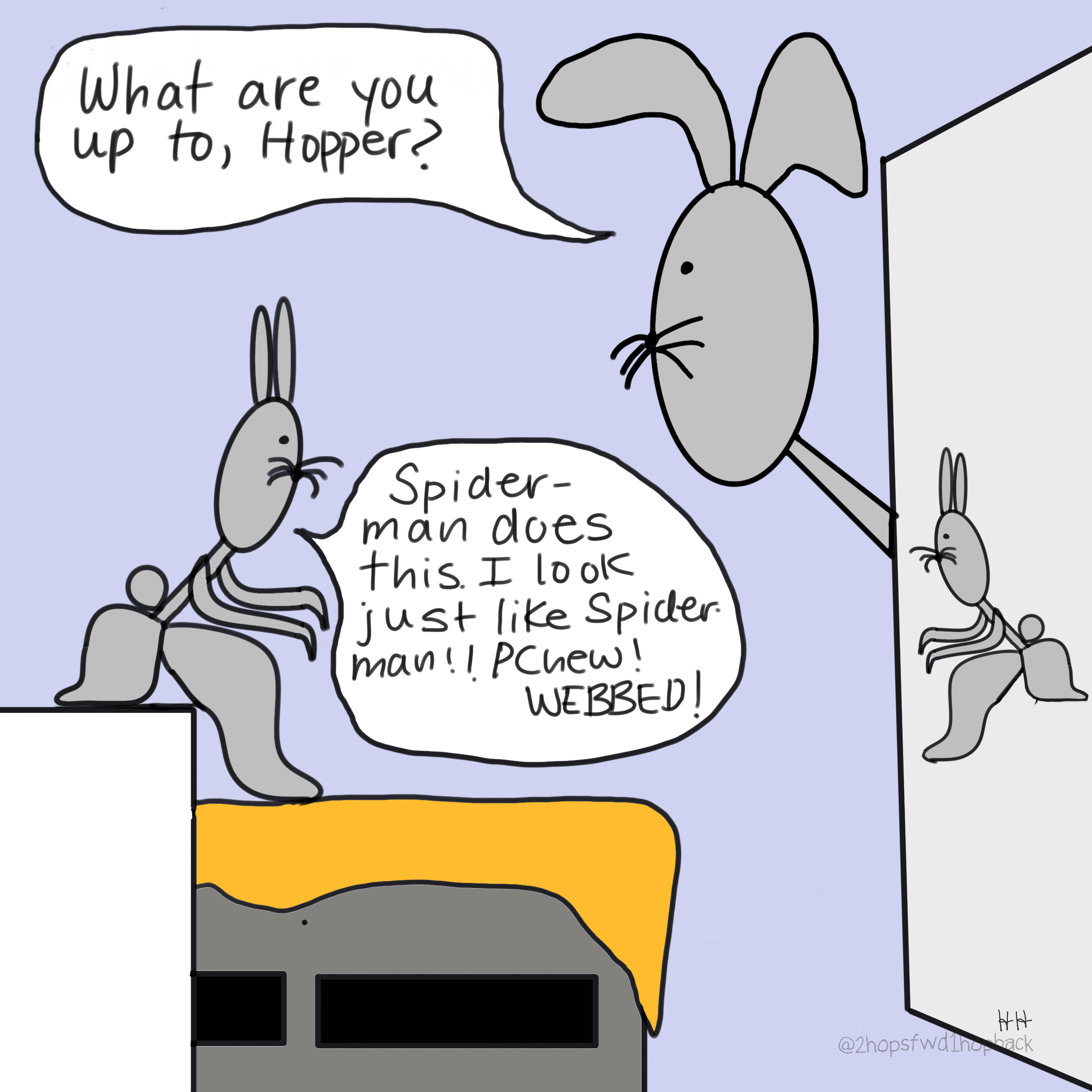 A040 - 2 hops forward 1 hop back - webcomic - child bunny practices spidermann pose in mirror