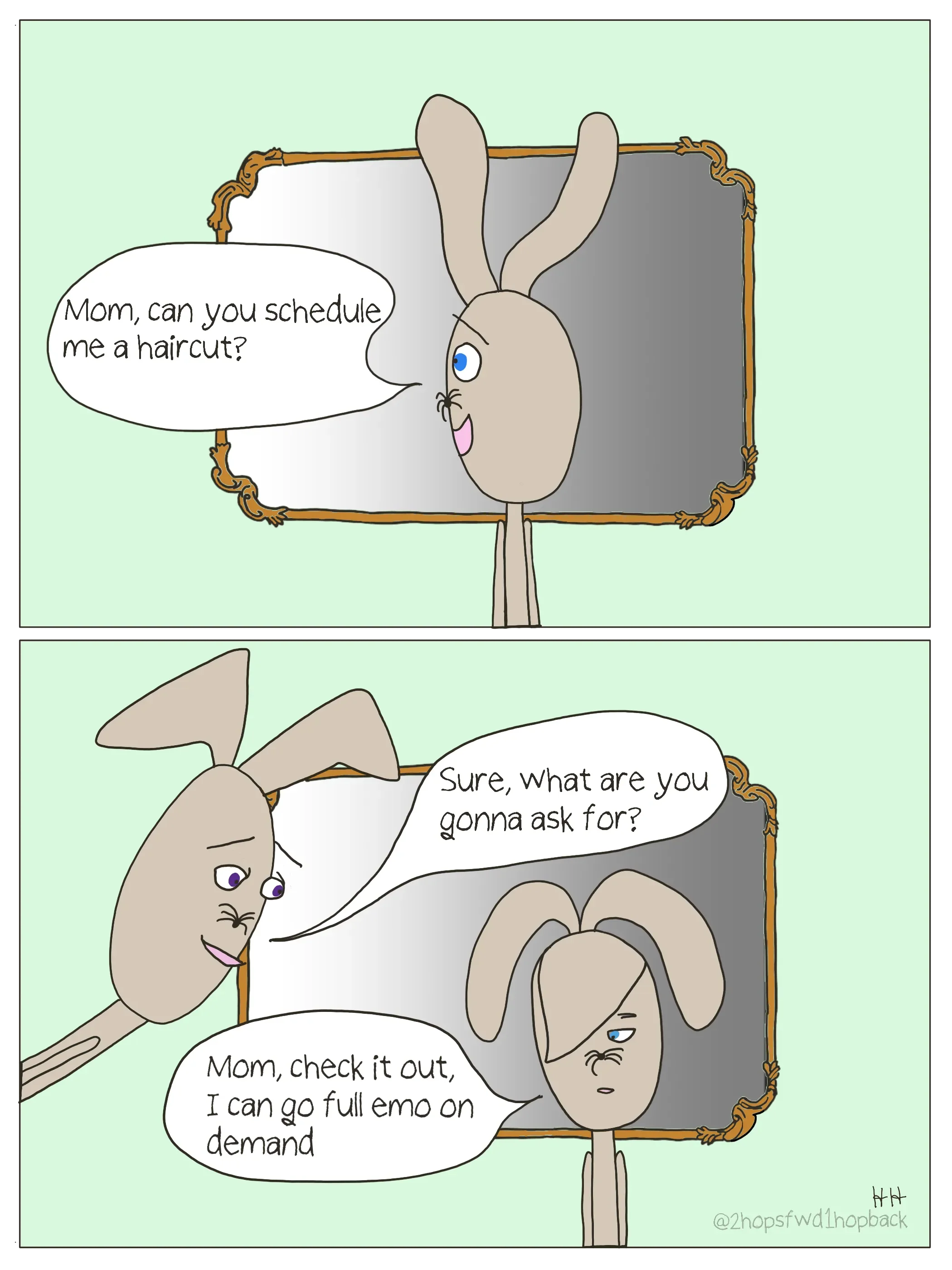 2026-009 - 2 hops forward 1 hop back - webcomic - tween bunny telling mom he wants a haircut because he can be emo on demand at this length