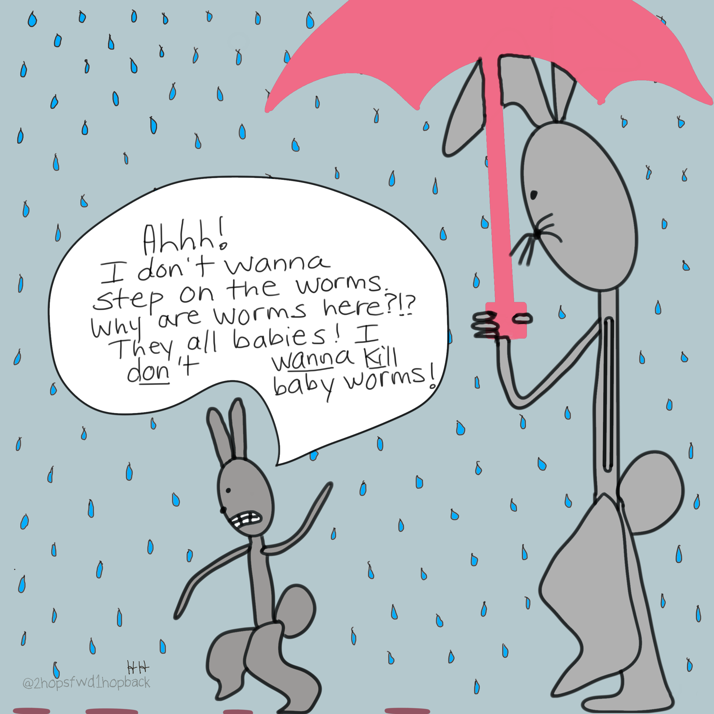 A026 - 2 hops forward 1 hop back - webcomic - child bunny walks through rain and worries about stepping on baby worms in a rain storm