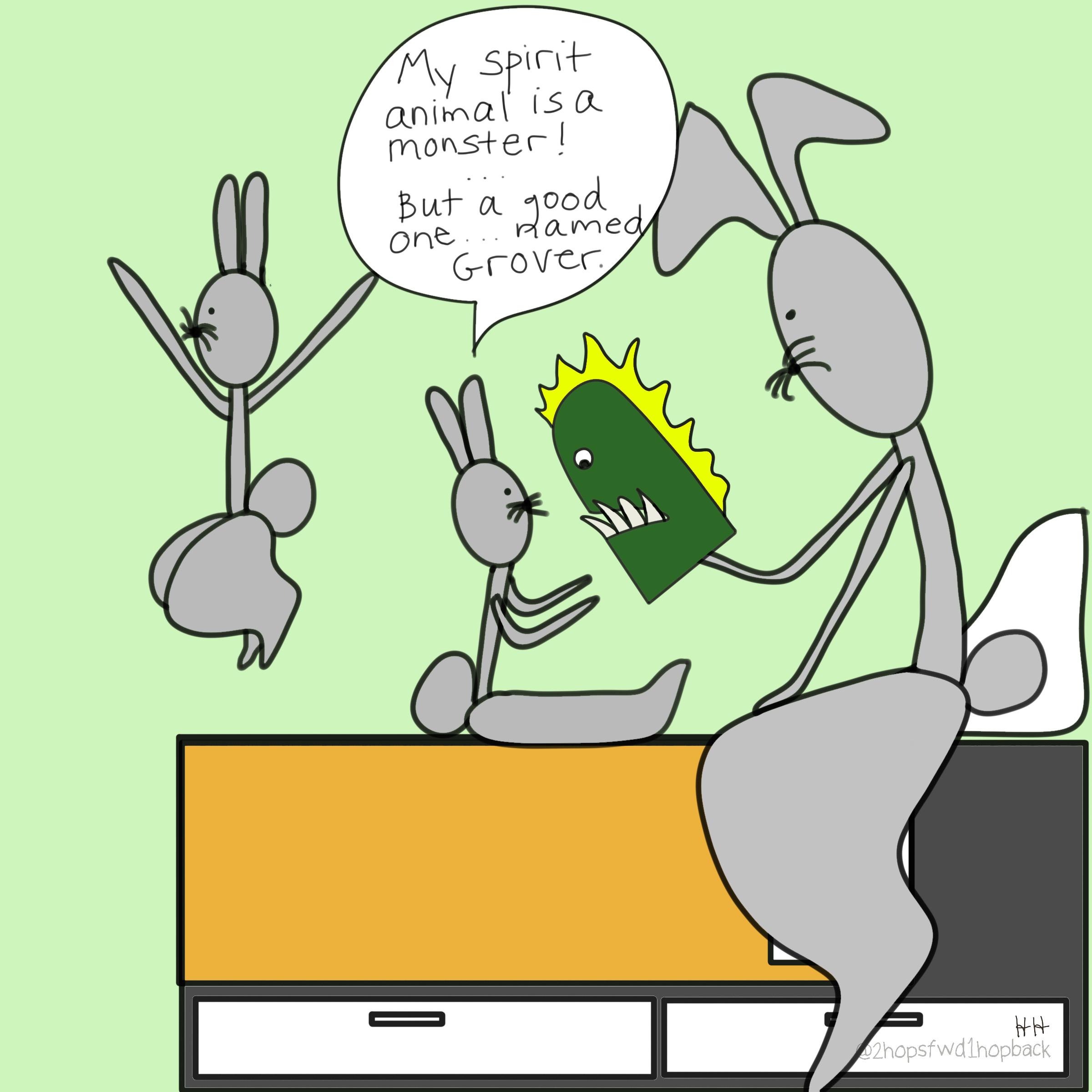 A027 - 2 hops forward 1 hop back - webcomic - child bunny confides in puppet friend that their spirit animal is a good monster named Grover