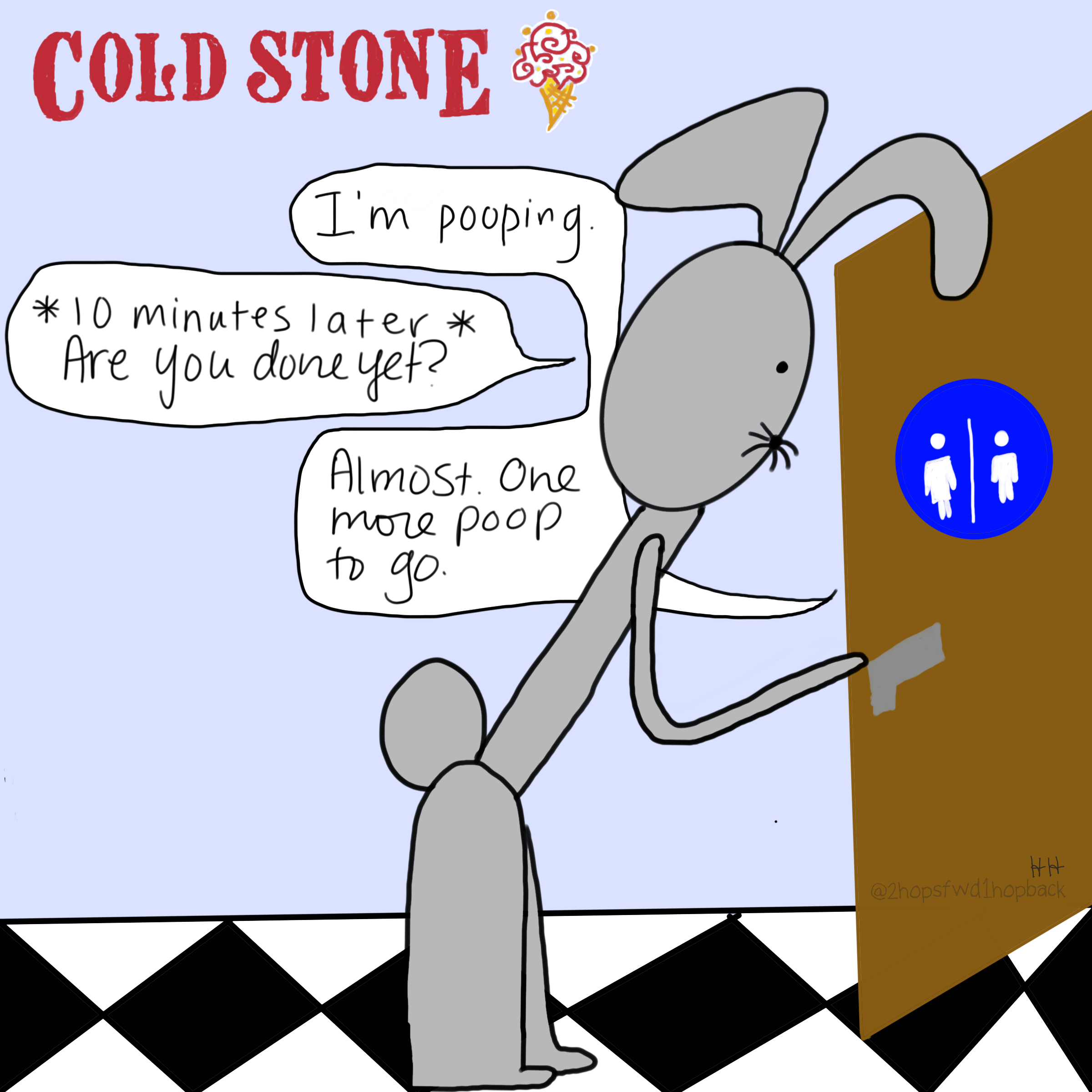 A070 - 2 hops forward 1 hop back - webcomic - child bunny takes an unacceptably long time in a public one-stall restroom