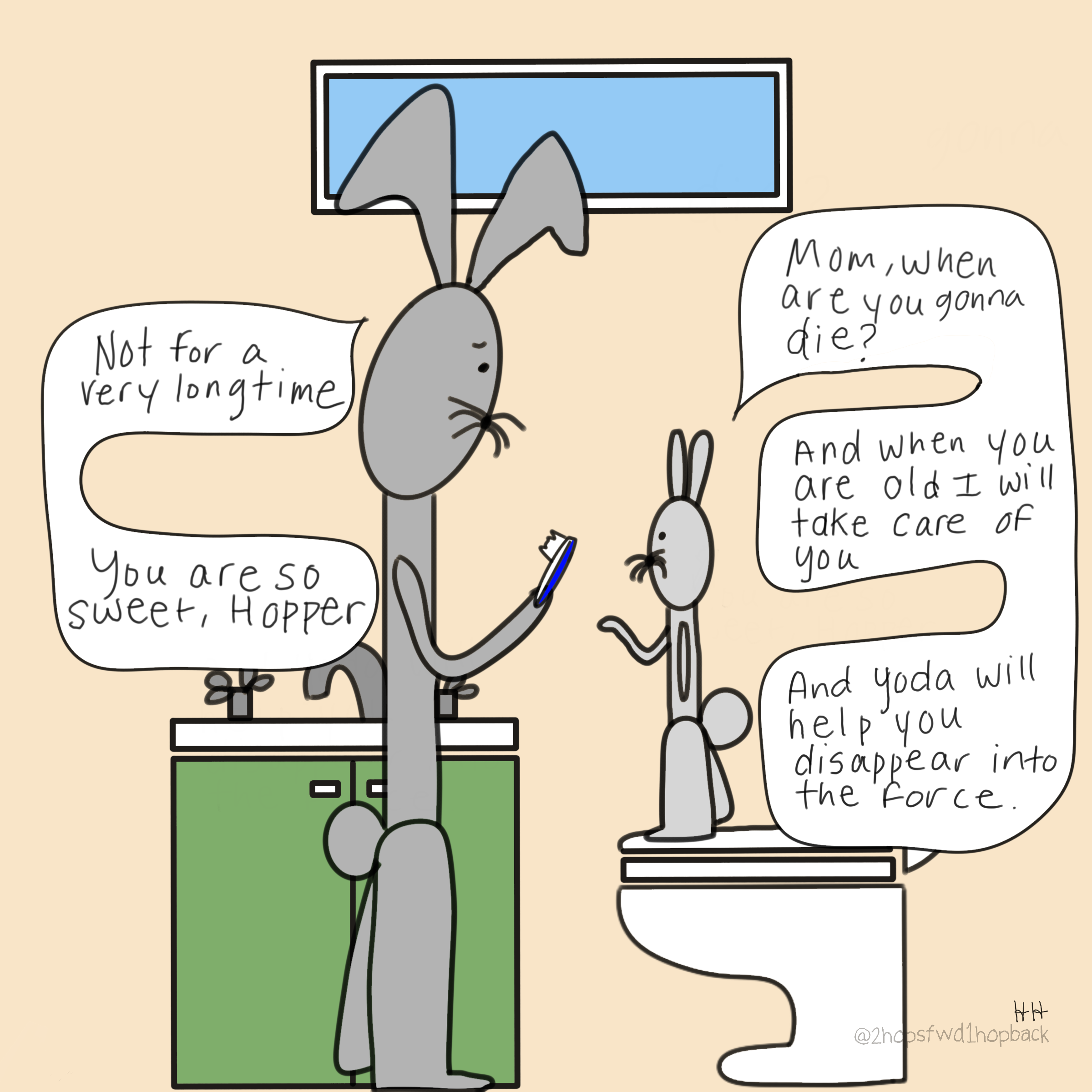A025 - 2 hops forward 1 hop back - webcomic - child bunny explains their understanding of death to mom, heavily influenced by Star Wars