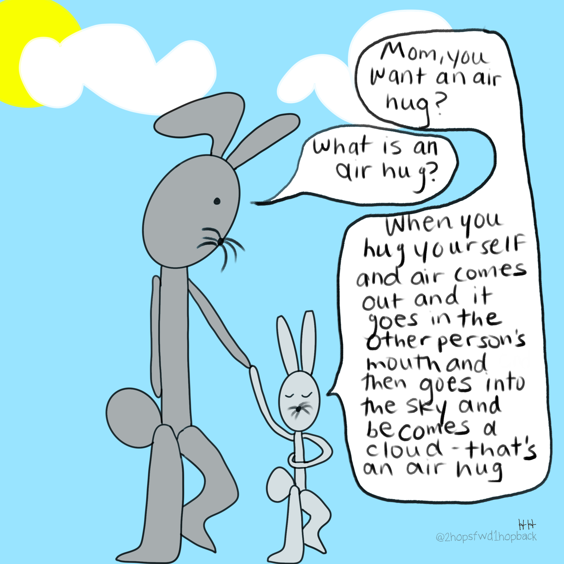 A005 - 2 hops forward 1 hop back - webcomic - child bunny explains the concept of an air hug which for some reason includes sharing each others' breath in a cycle