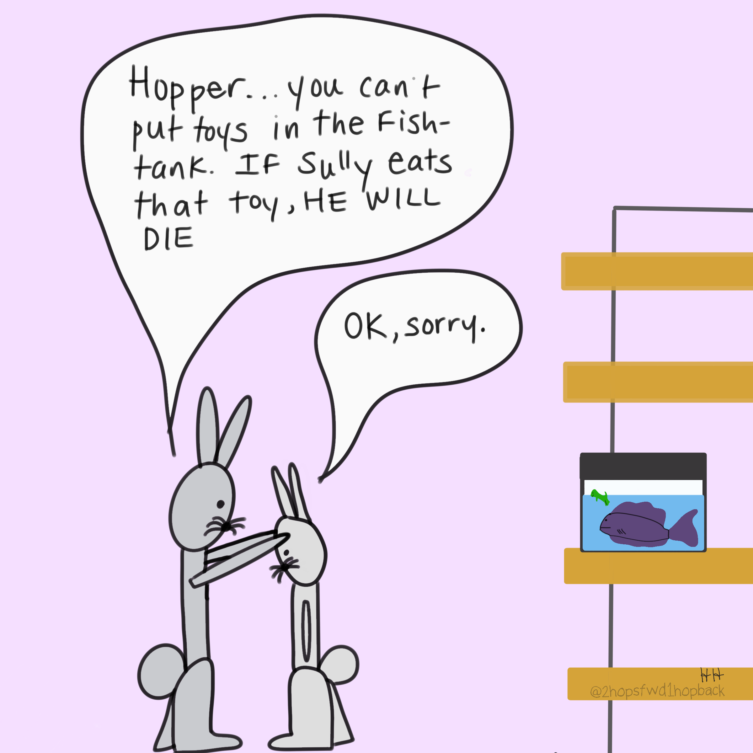 A008 - 2 hops forward 1 hop back - webcomic - bunny siblings interacting with family fish, older brother teaches younger brother how to avoid killing the fish