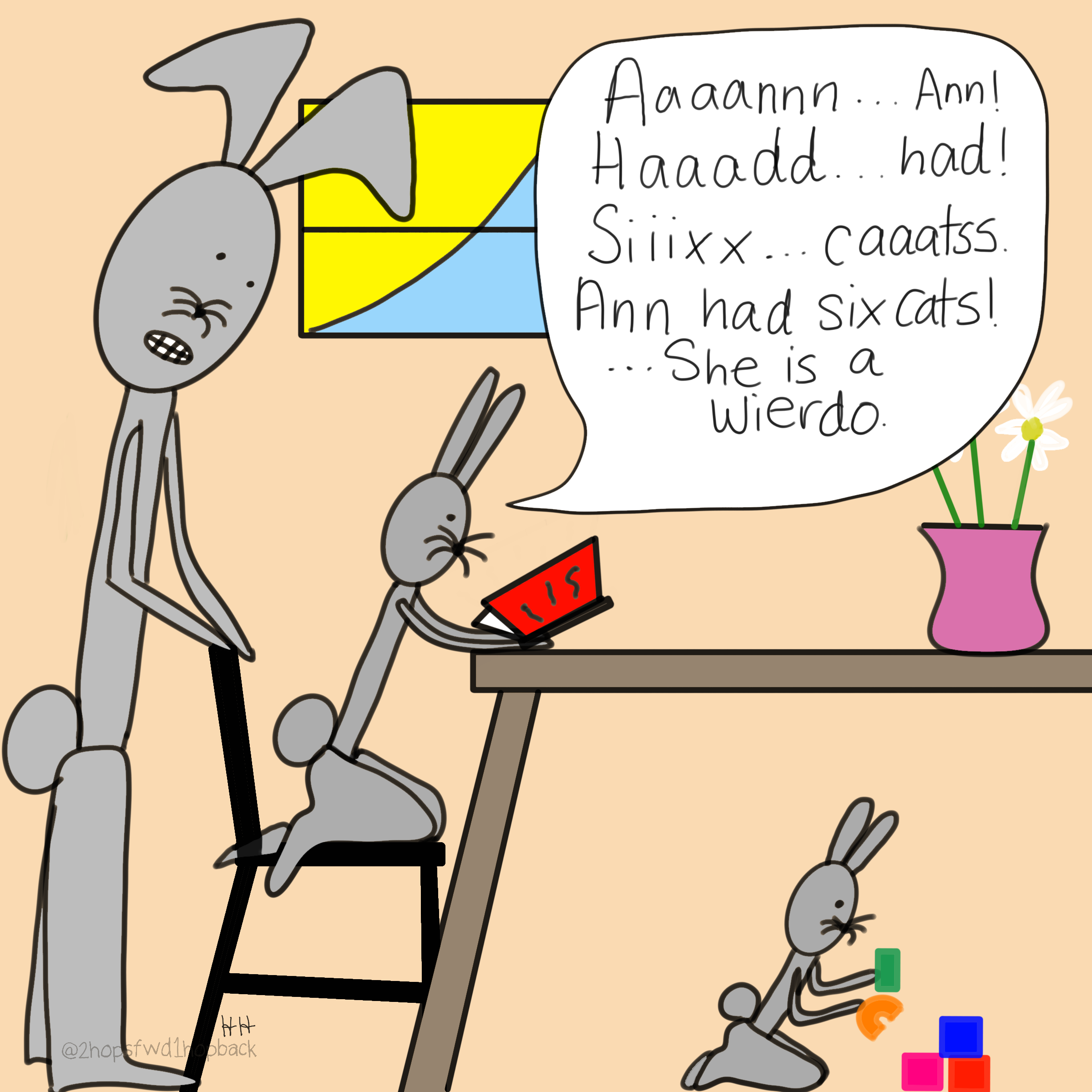 A049 - 2 hops forward 1 hop back - webcomic - child bunny reads about a lady with many cats, passes judgement that she is a wierdo, causing parent to cringe