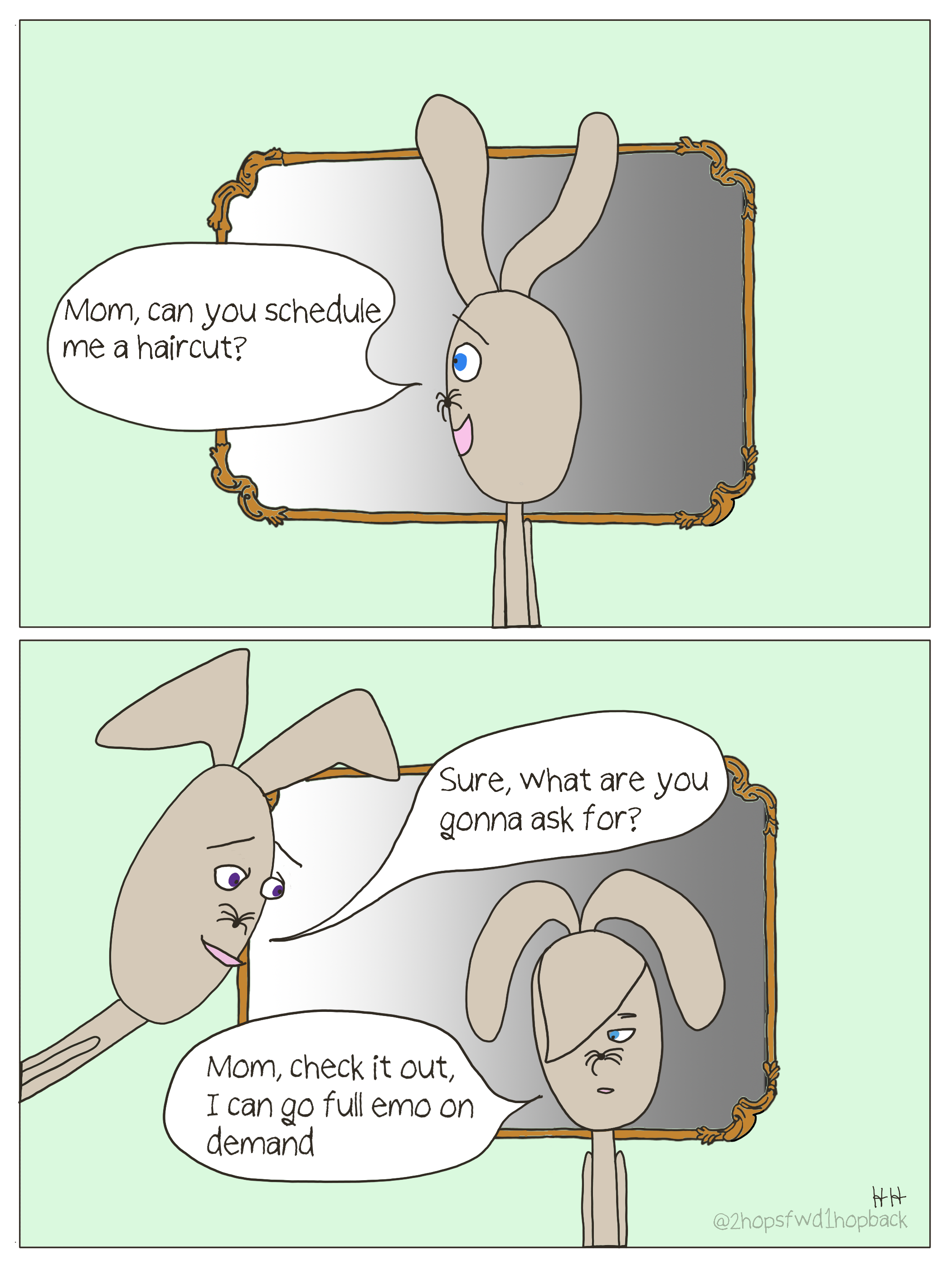 2026-009 - 2 hops forward 1 hop back - webcomic - tween bunny telling mom he wants a haircut because he can be emo on demand at this length