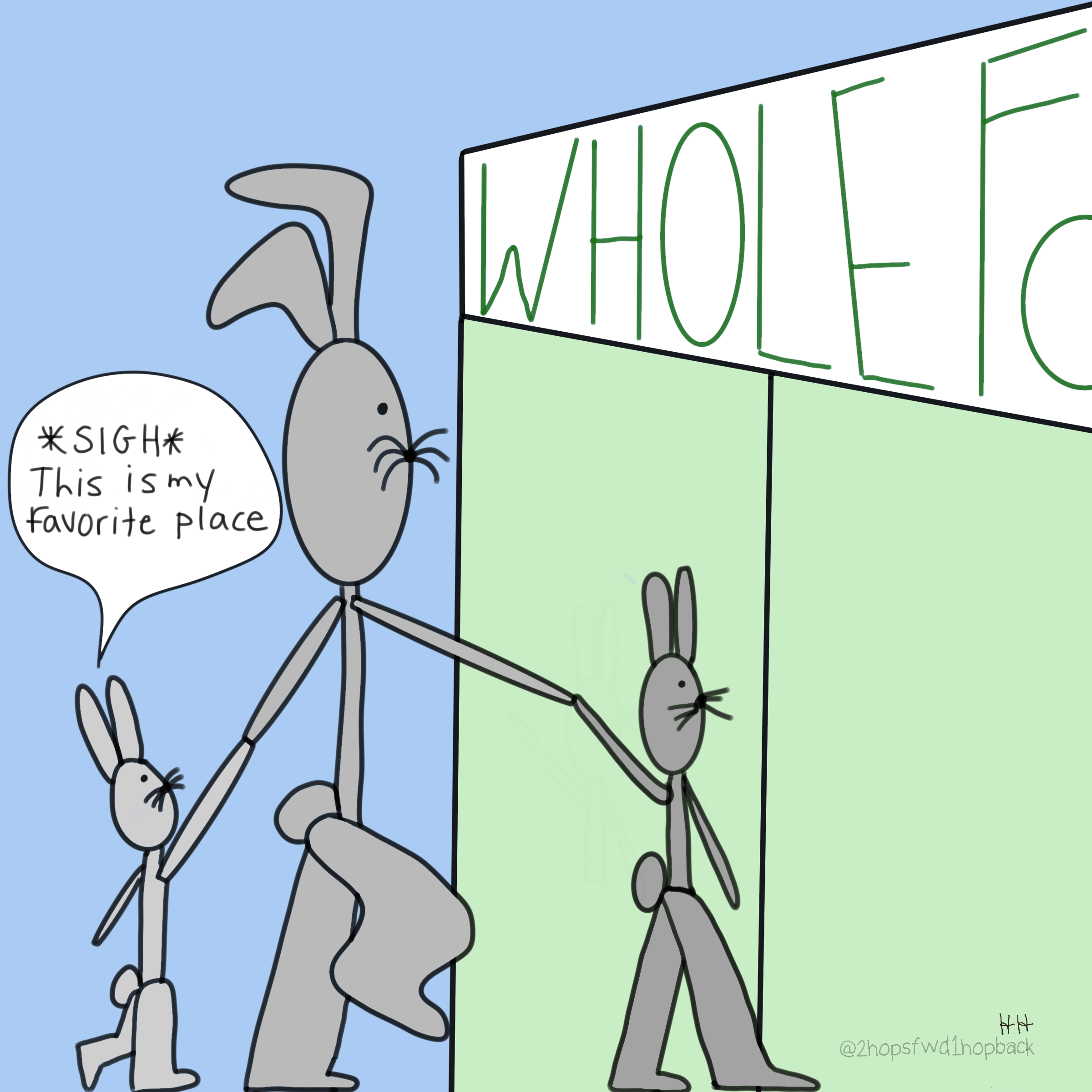 A023 - 2 hops forward 1 hop back - webcomic - child bunny expresses pleasure when shopping at the grocery store wholle foodds