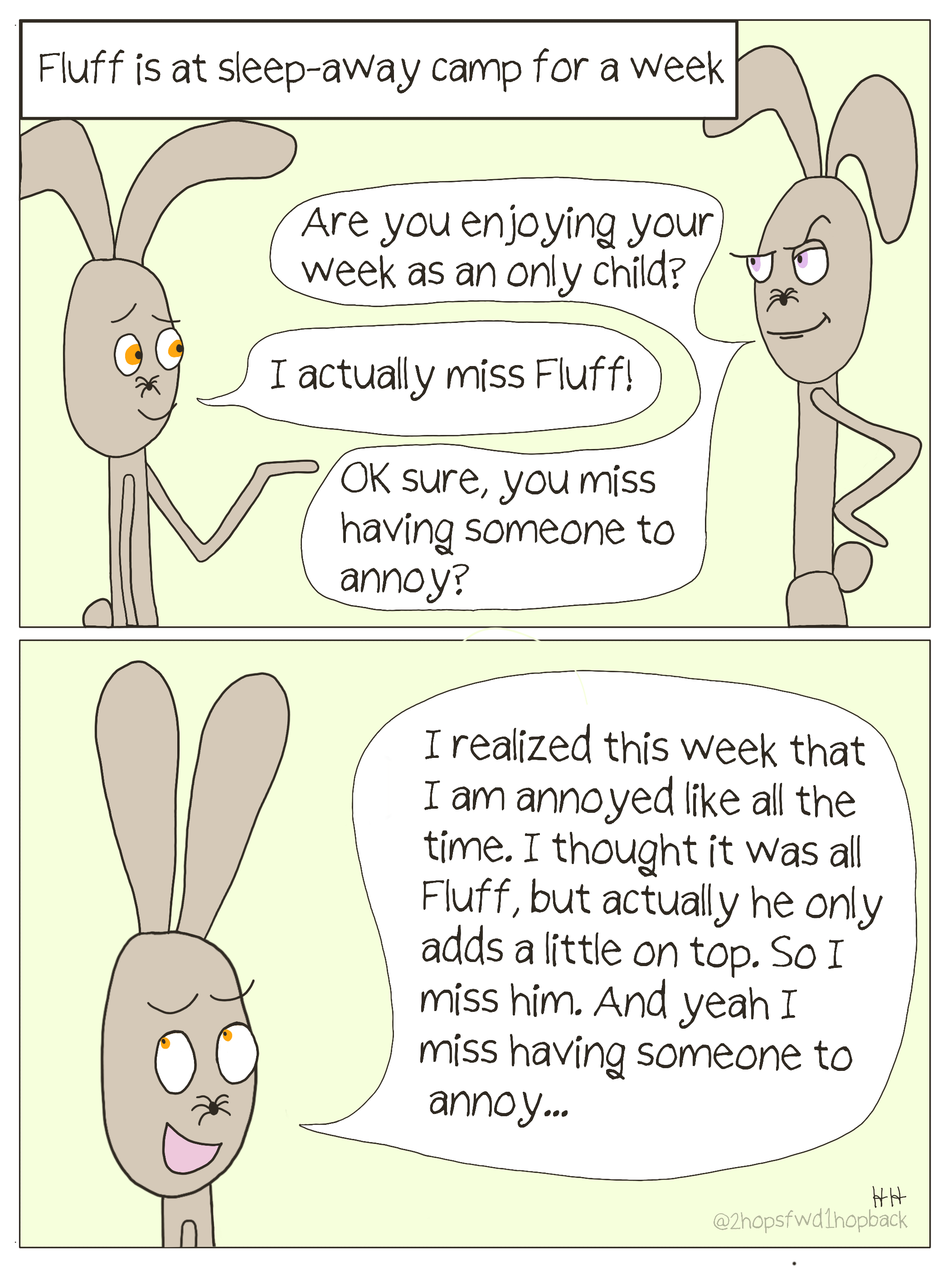 2026-026 - 2 hops forward 1 hop back - webcomic - tween bunny reflects on sibling relationship and absence makes the heart grow fonder