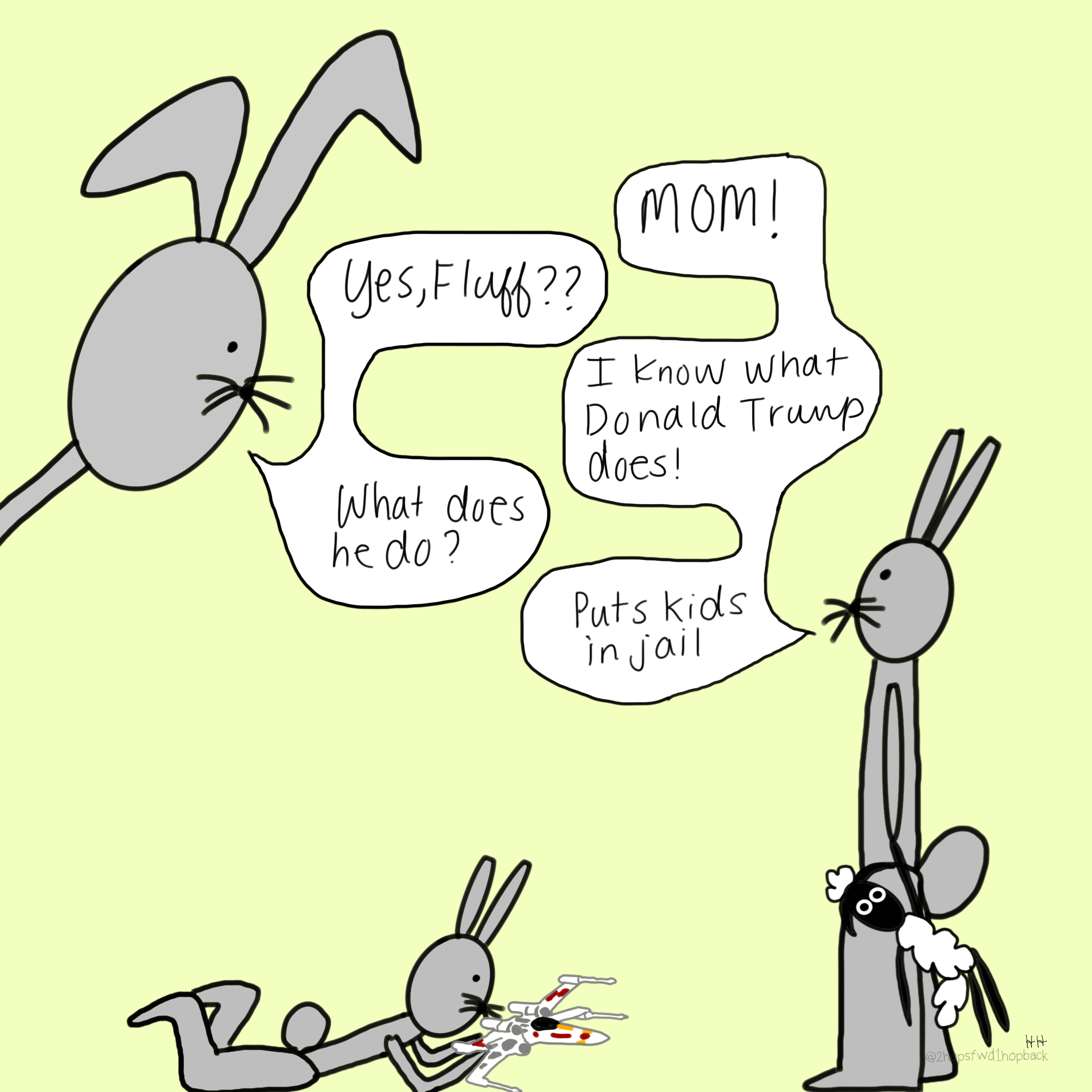 A065 - 2 hops forward 1 hop back - webcomic - child bunny shares a political perspective with mom