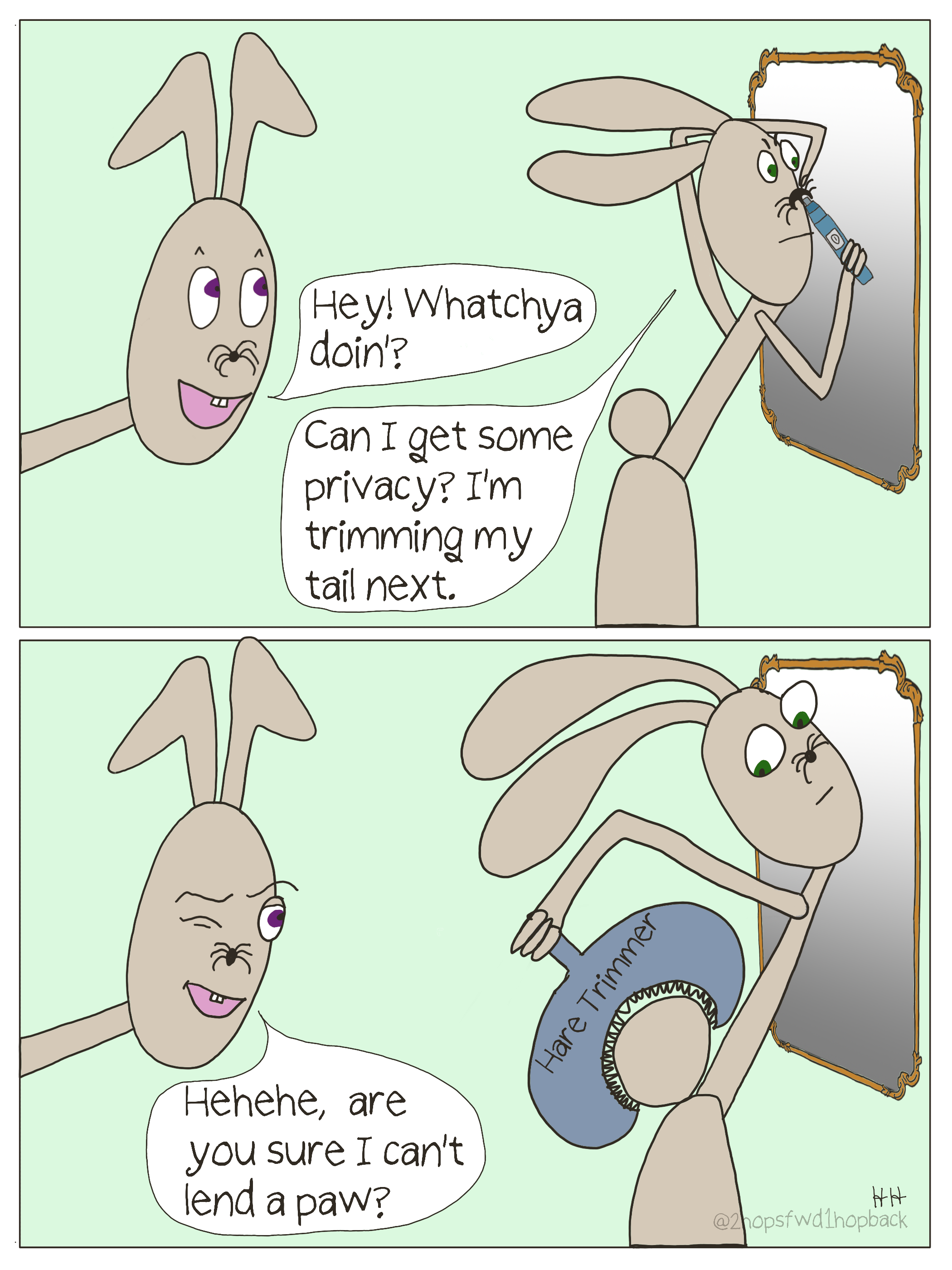 2026-022 - 2 hops forward 1 hop back - webcomic - wife bunny intrudes on husband bunny's grooming