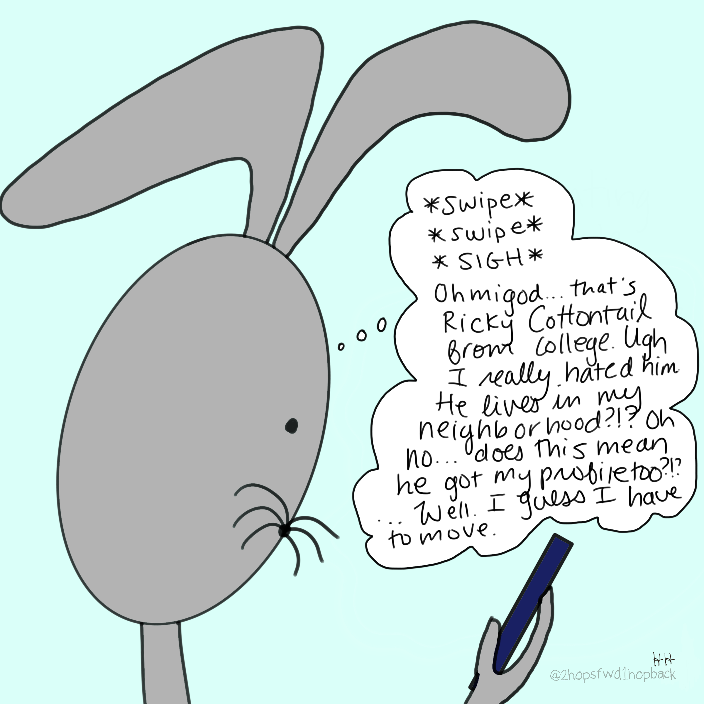 A062 - 2 hops forward 1 hop back - webcomic - bunny on dating website sees old college acquaintance and wonders if it's a sign they should move far far away