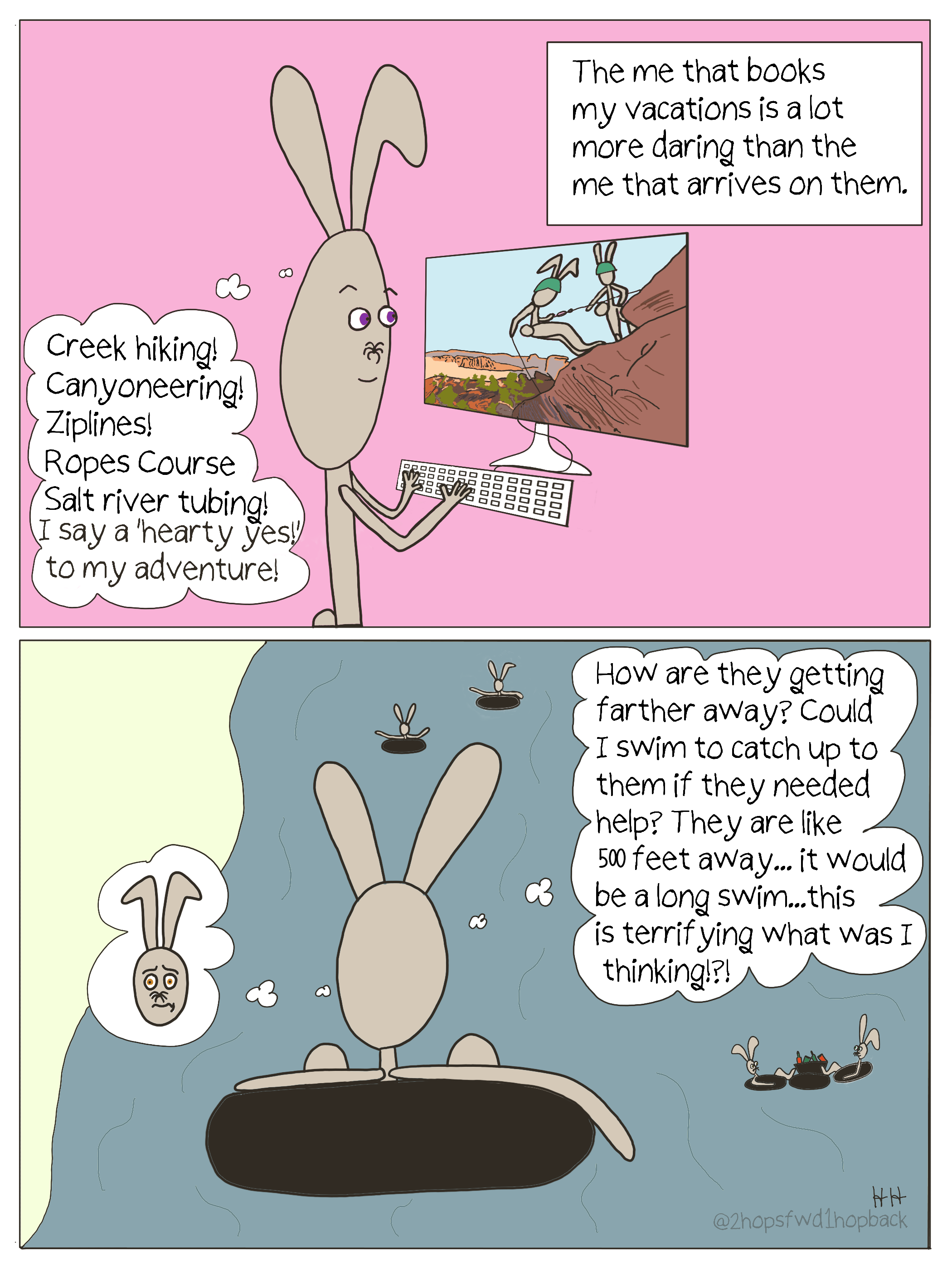 2026-006 - 2 hops forward 1 hop back - webcomic - adventure bunny mom laments booking overly adventurous activity that was more scary than fun