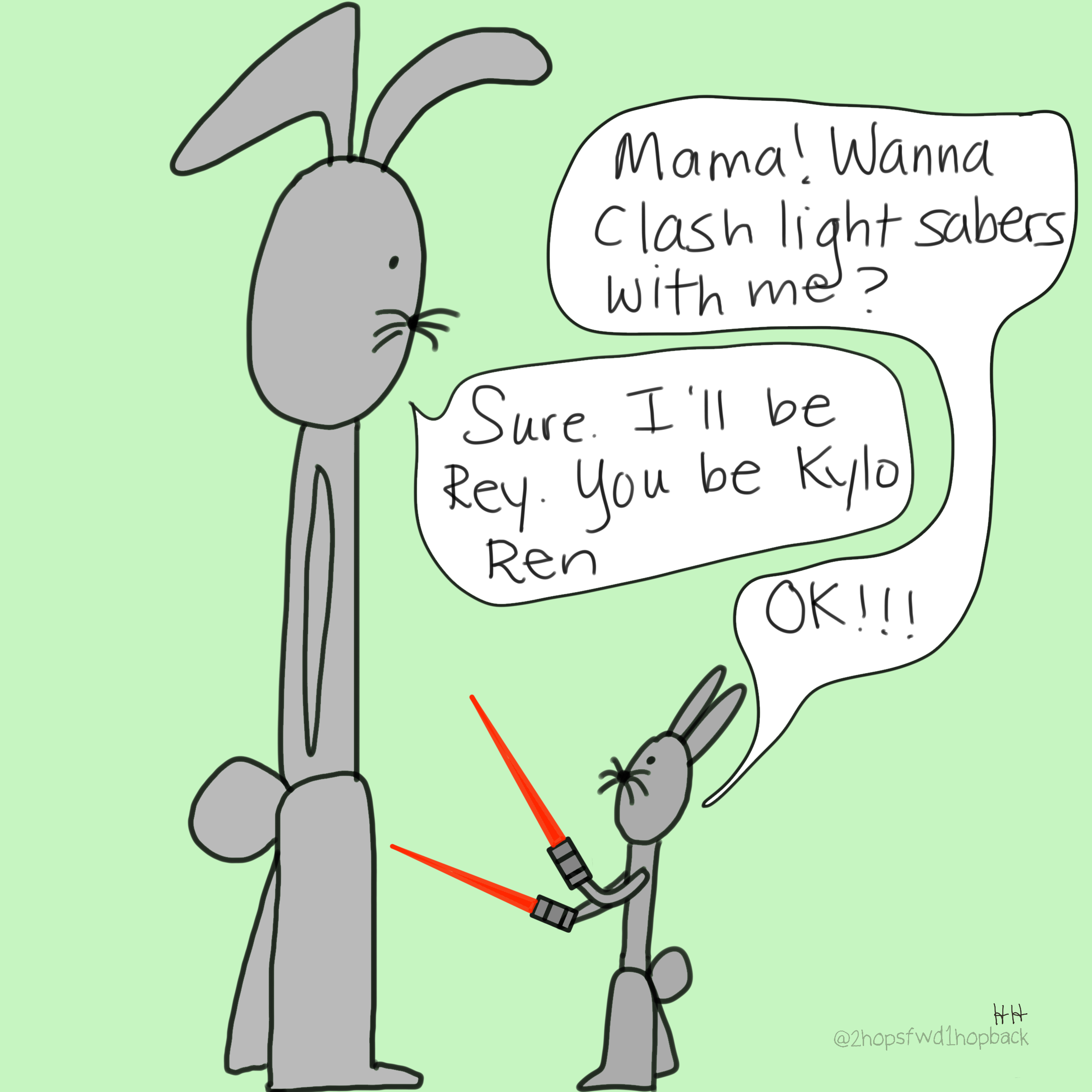 A041 - 2 hops forward 1 hop back - webcomic - child bunny requests to clash light sabers with mom as Kylo and Rey