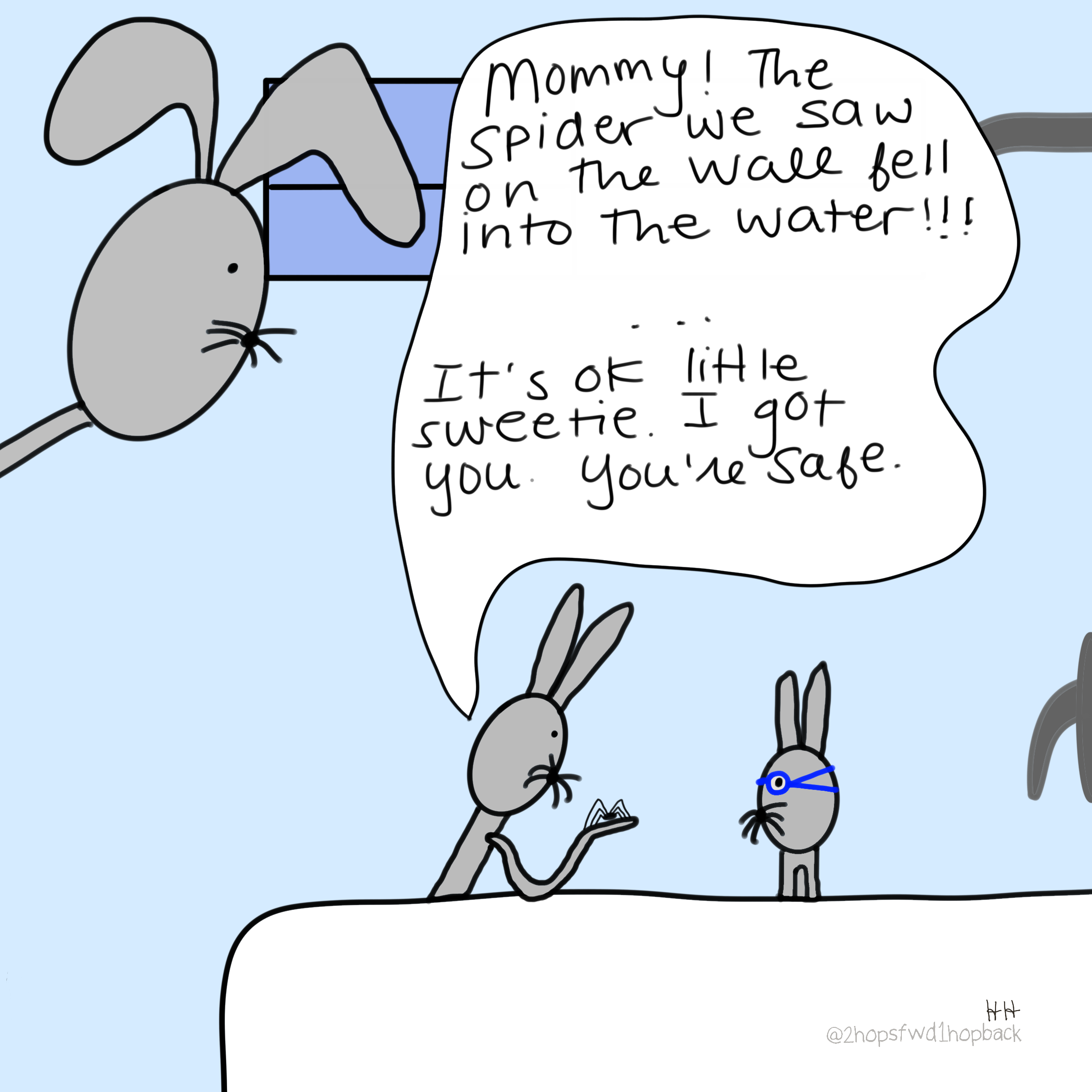 A071 - 2 hops forward 1 hop back - webcomic - child bunny demonstrates compassion while saving spider from bathtub water