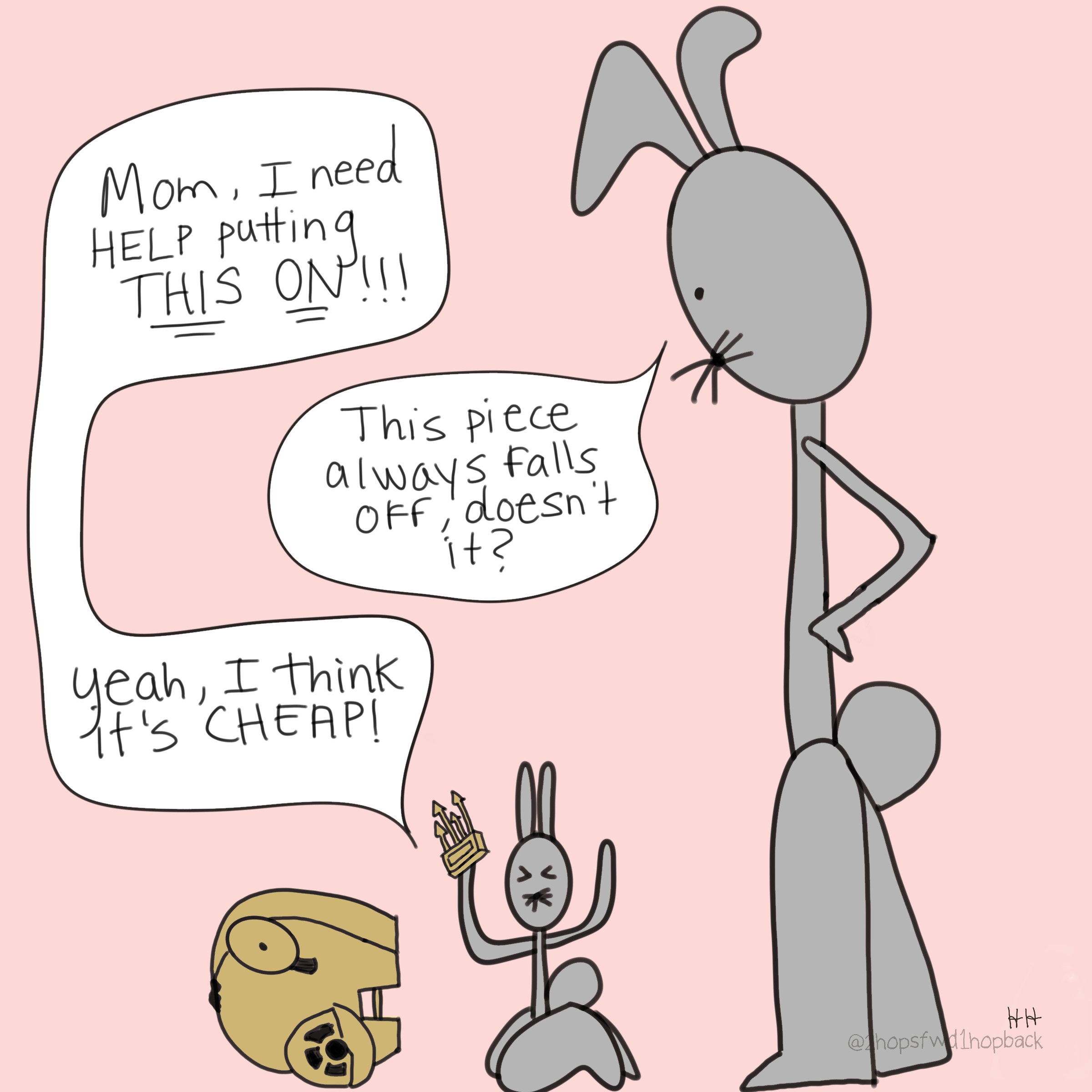 A021 - 2 hops forward 1 hop back - webcomic - child bunny gets frustrated with toy continually breaking and accuses toy of being cheap