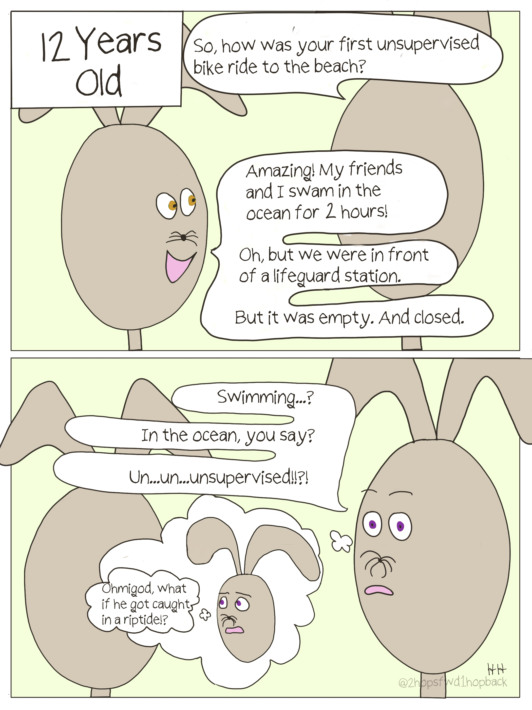 2026-002 - 2 hops forward 1 hop back - webcomic - child bunny shares adventures about unsupervised beach swimming with mom, mom hides her terror