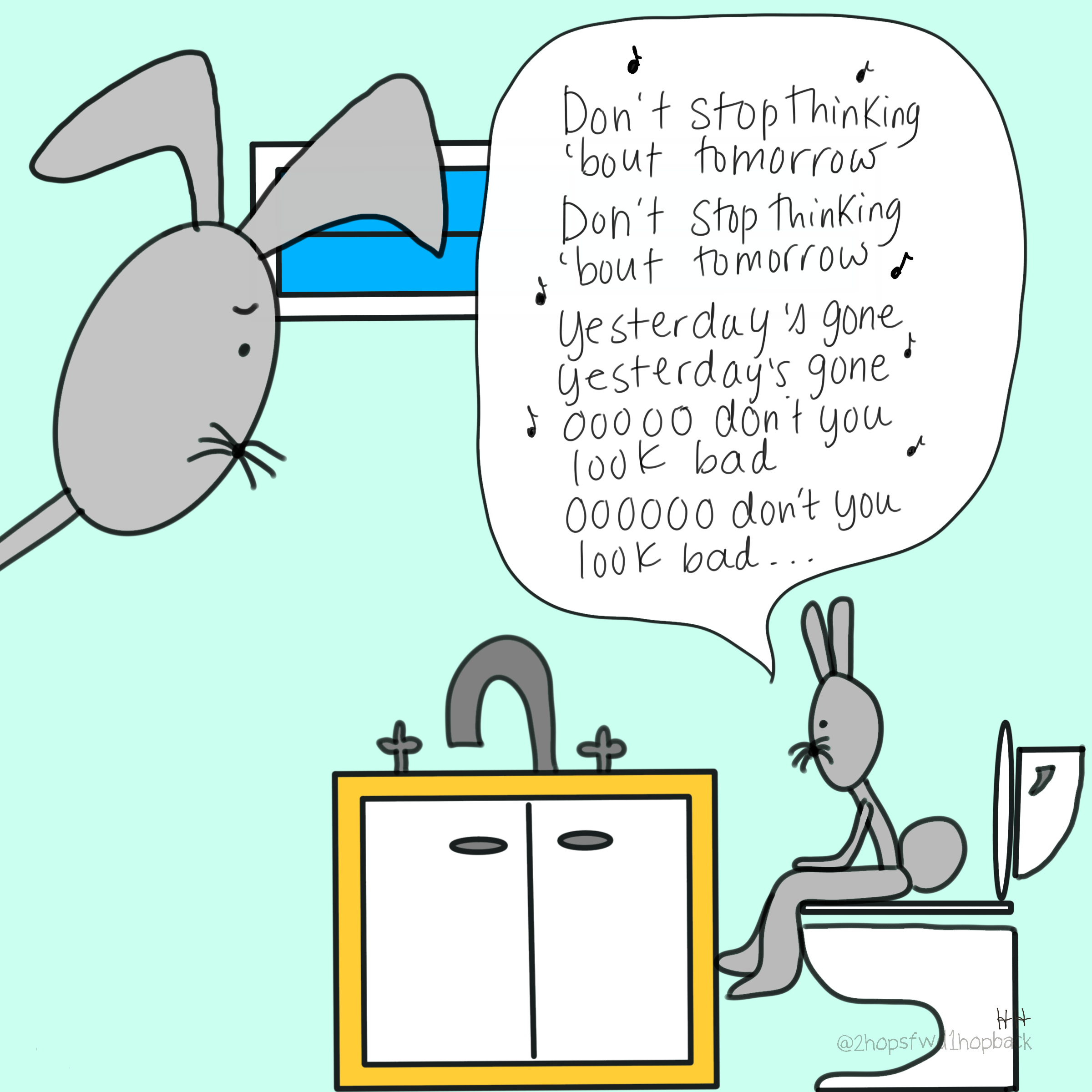 A058 - 2 hops forward 1 hop back - webcomic - parent bunny observes that child enjoys singing while on toilet