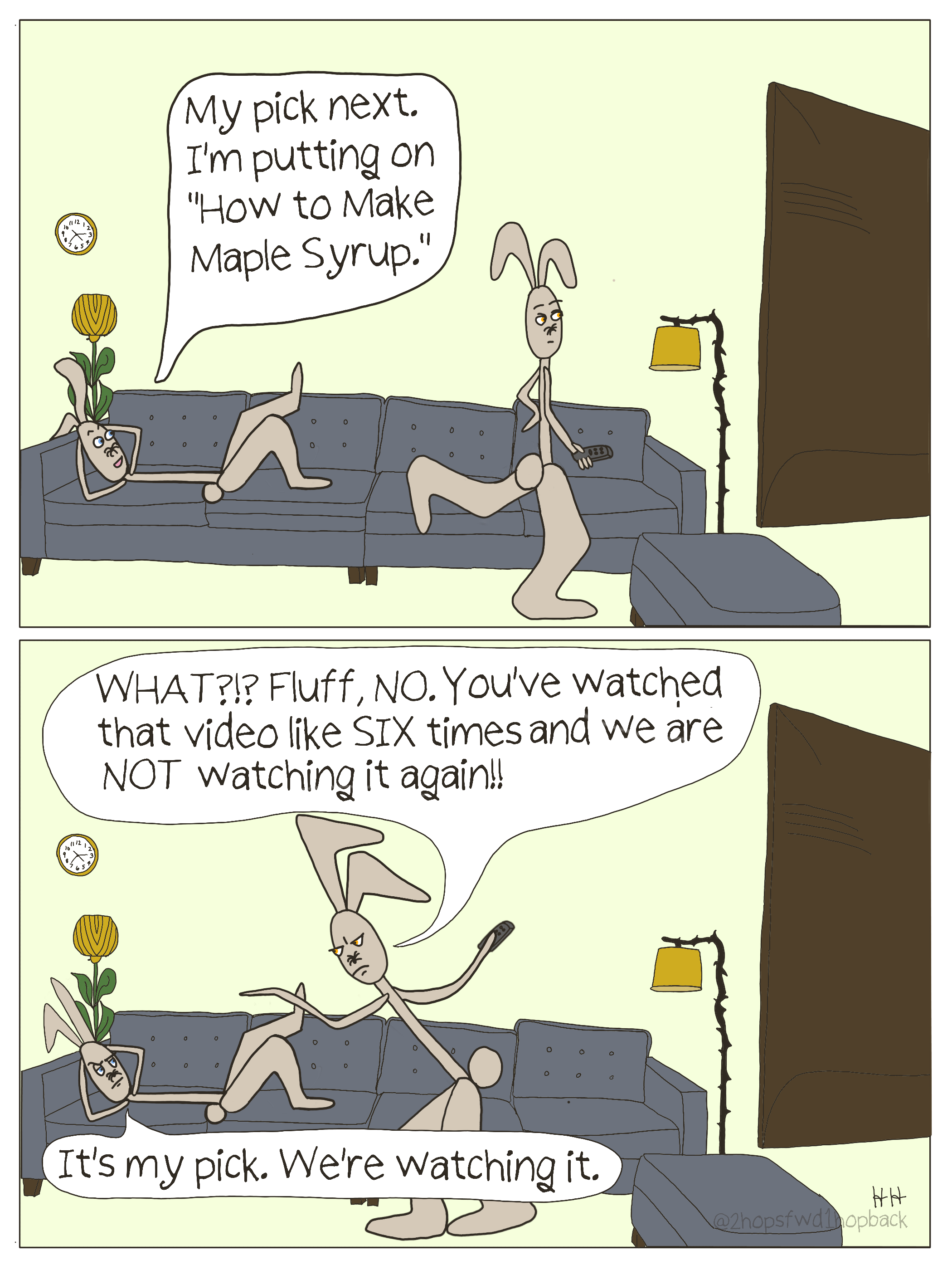 2026-032 - 2 hops forward 1 hop back - webcomic - sibling bunnies bicker over what to watch on tv