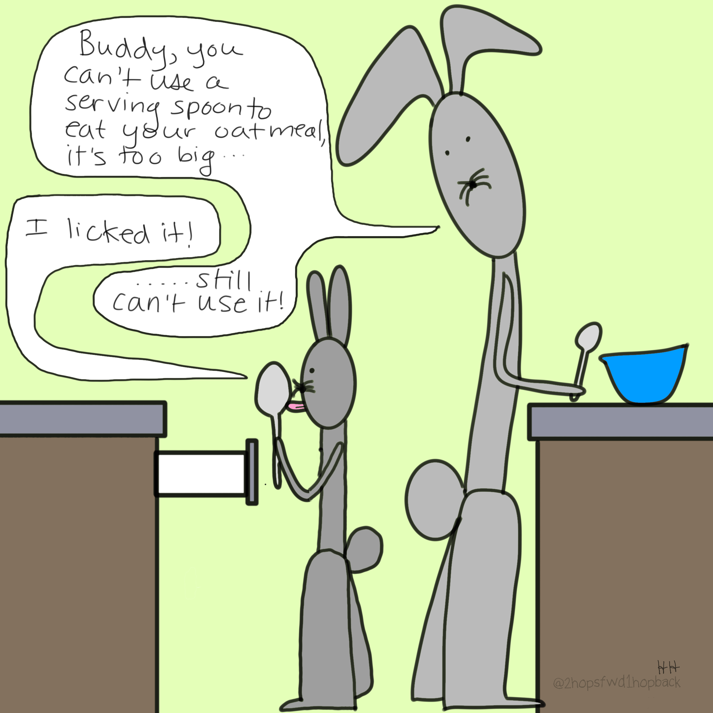 A042 - 2 hops forward 1 hop back - webcomic - child bunny licks a giant spoon in attempt to force parent's hand to allow them to use the giant spoon, it does not work