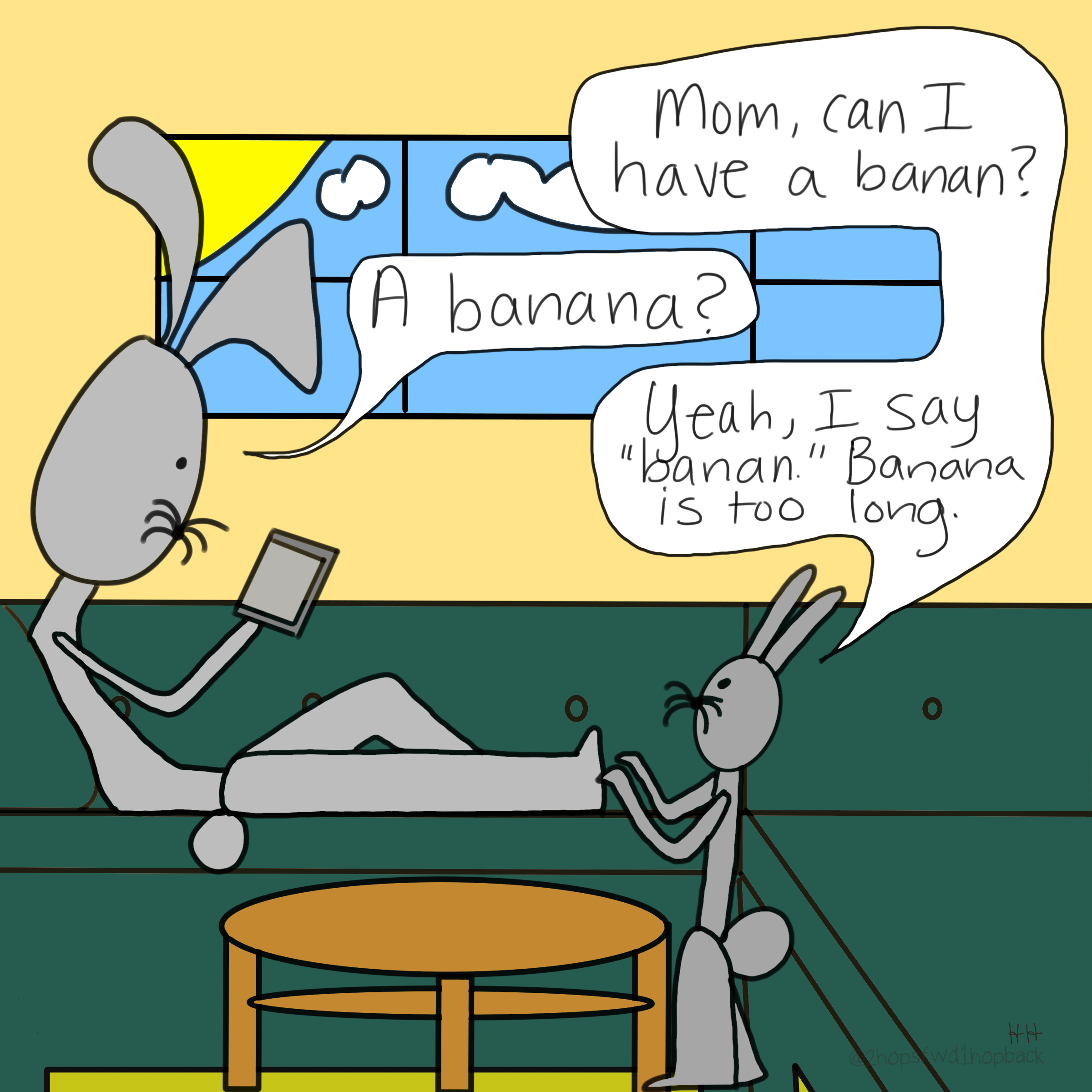 A048 - 2 hops forward 1 hop back - webcomic - child bunny asks for a banana using a nickname for it