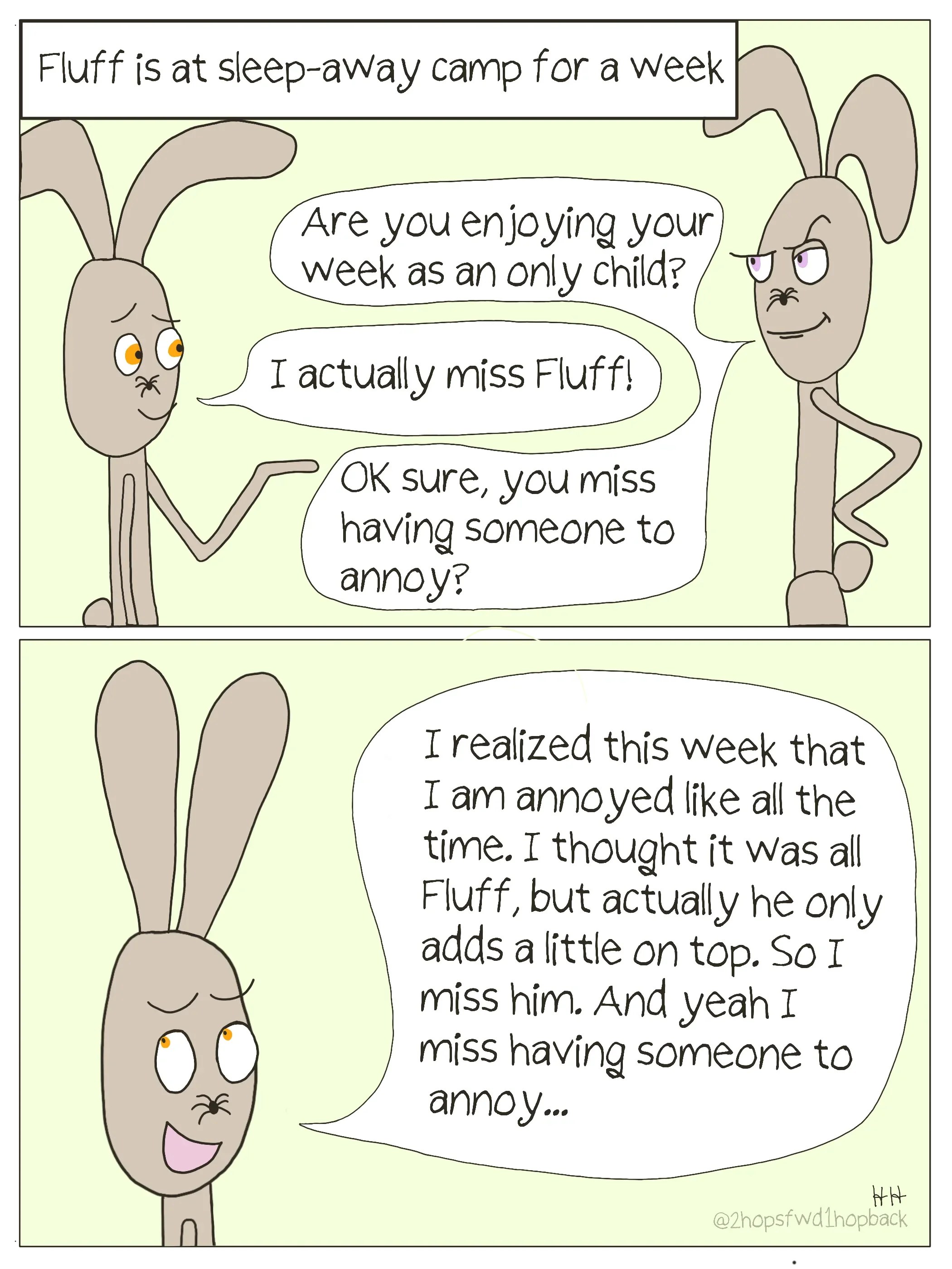 2026-026 - 2 hops forward 1 hop back - webcomic - tween bunny reflects on sibling relationship when brother is at sleepaway camp and absence makes the heart grow fonder