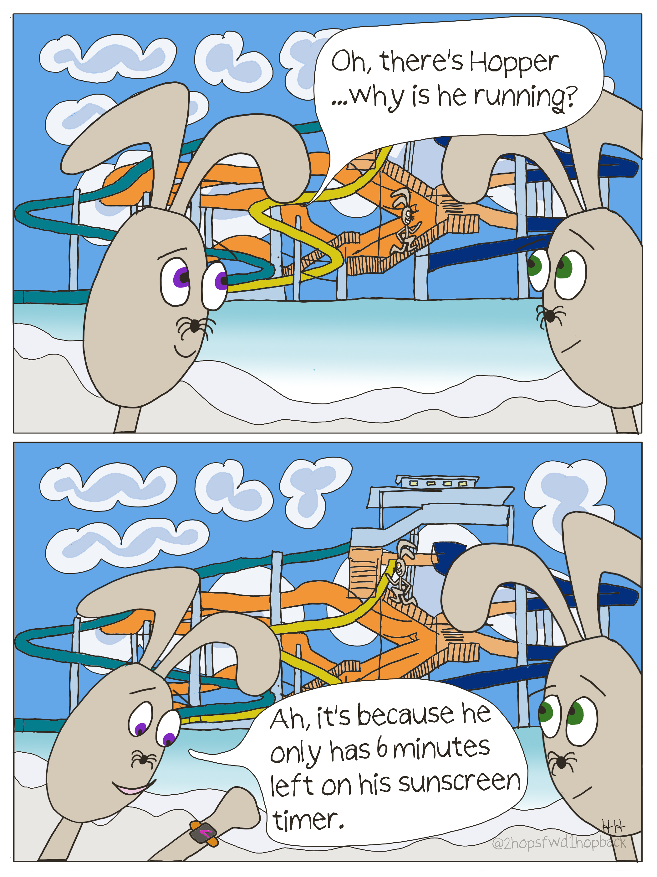 2026-016 - 2 hops forward 1 hop back - webcomic - parent bunny sees kids running from afar and wonders, 'why running?' and then remembers she made him set a subscreen timer