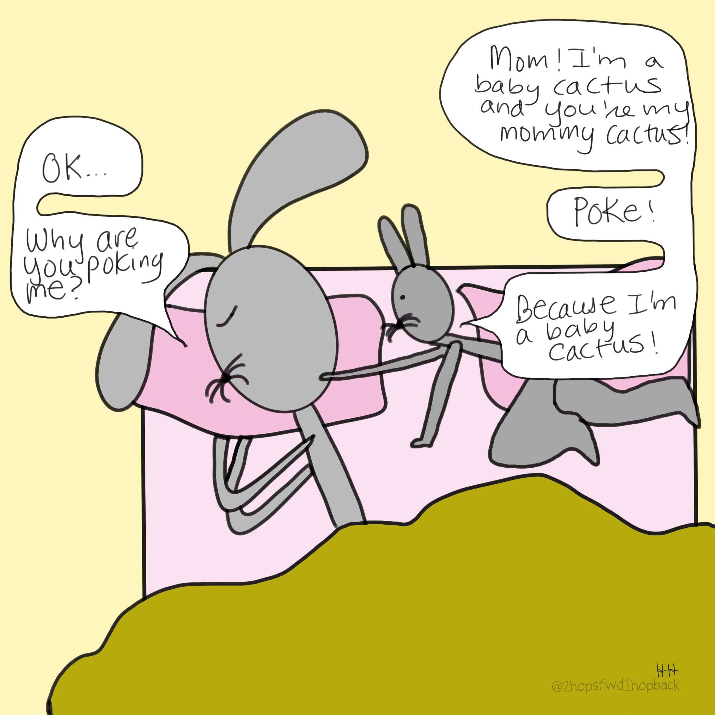 A050 - 2 hops forward 1 hop back - webcomic - child bunny is pokes sleeping mother, claiming it's because they are a baby cactus