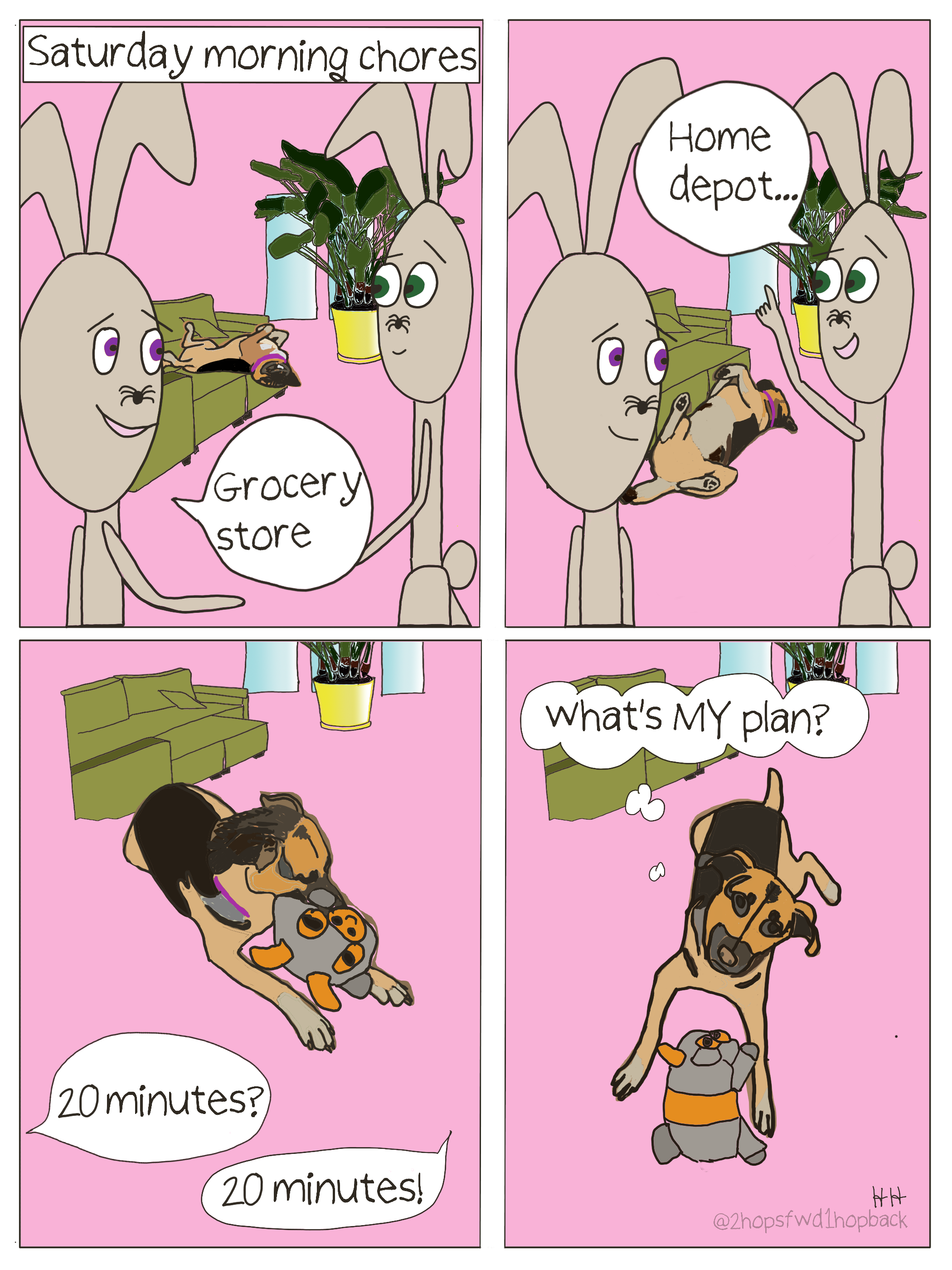 2026-019 - 2 hops forward 1 hop back - webcomic - family dog realizes she has been excluded from the plans for the day