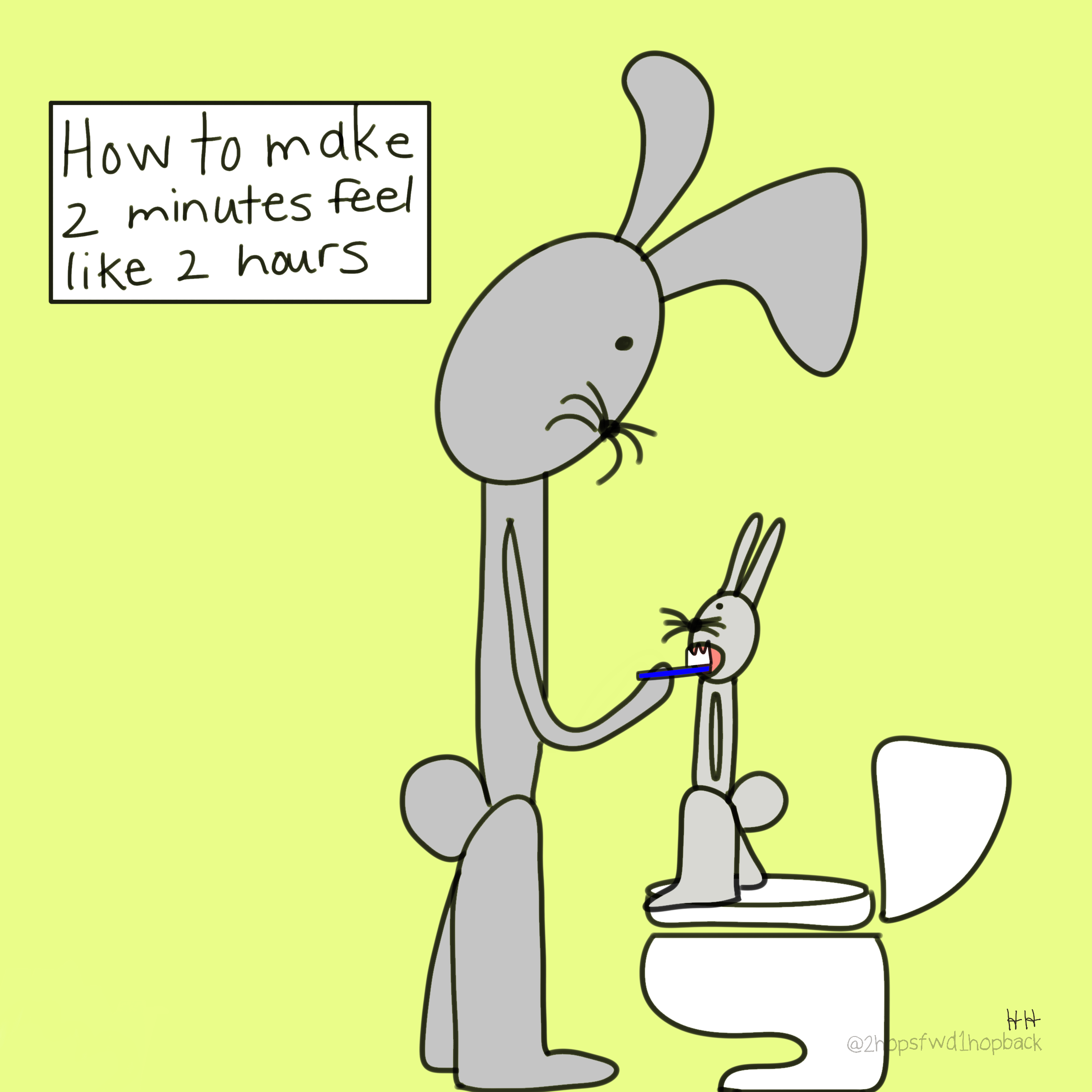 A007 - 2 hops forward 1 hop back - webcomic - parent bunny laments how long 2 minutes can feel when brushing child's teeth