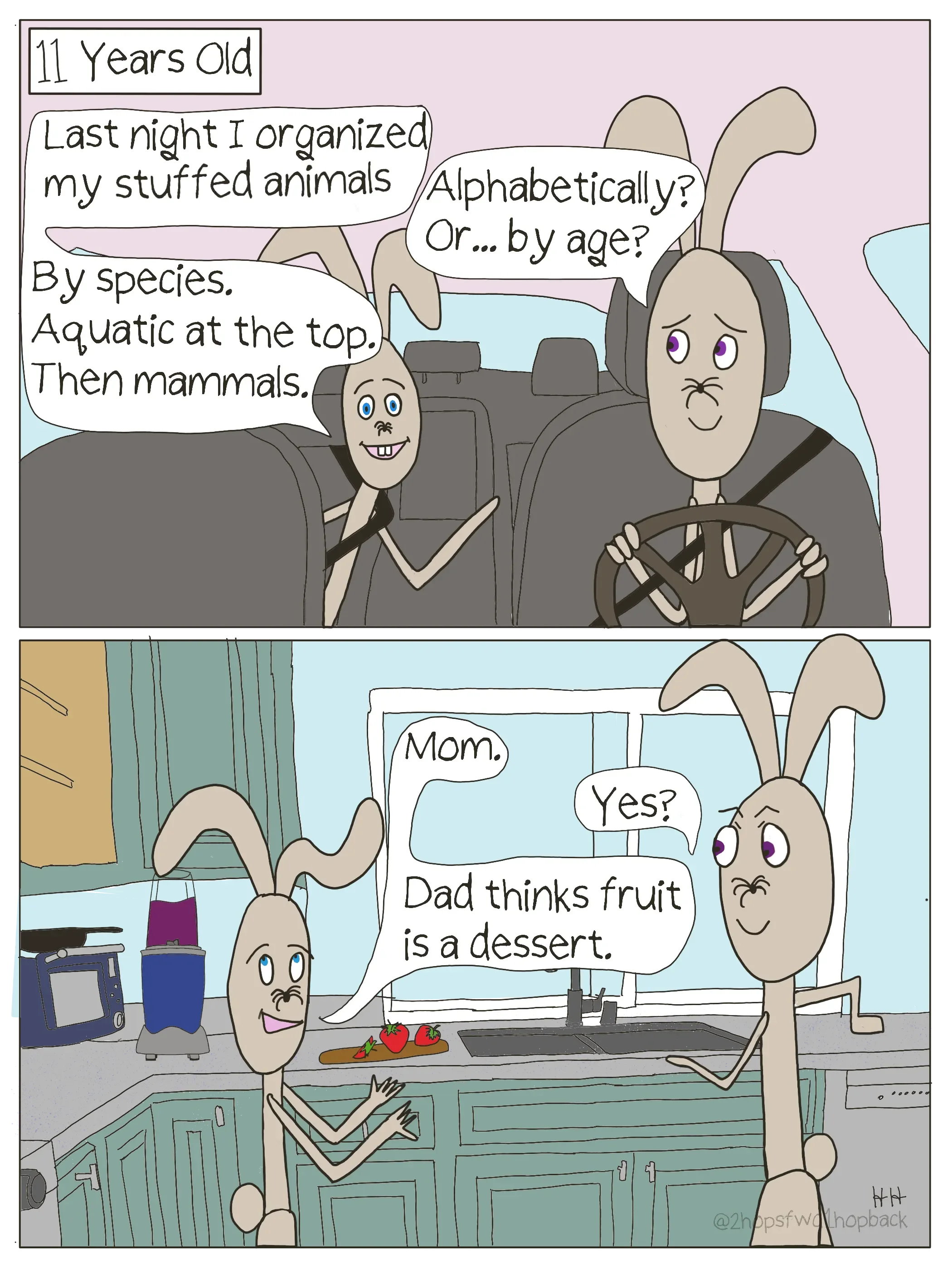 2026 - 021 - 2 hops forward 1 hop back - webcomic - 2 moments with 11 yo son, 1- he rearranged his stuff animals by species and aquatic vs mammal, 2- son shares that his father believes fruit is a dessert