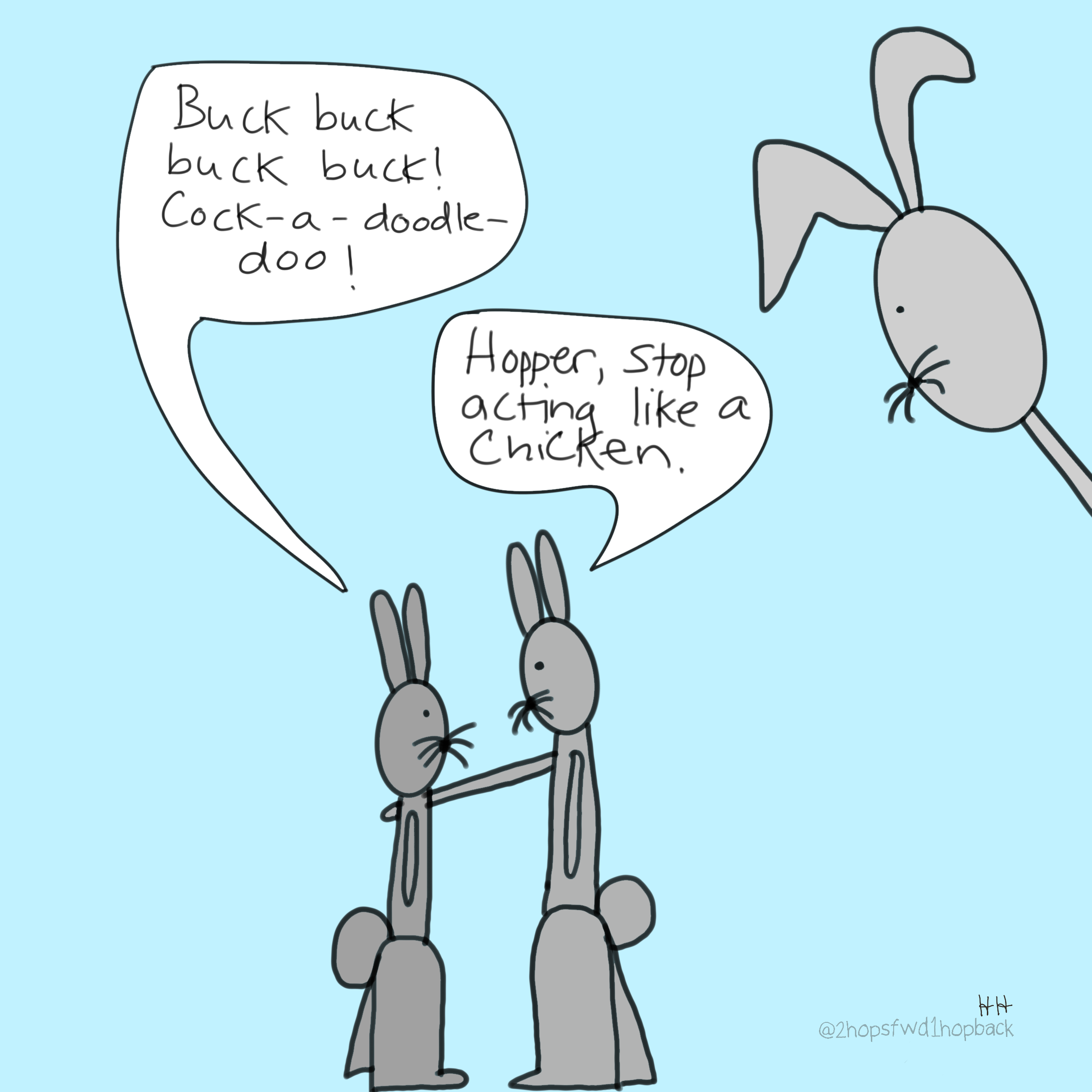 A053 - 2 hops forward 1 hop back - webcomic - child bunny crows like a chicken, brother requests that he stop