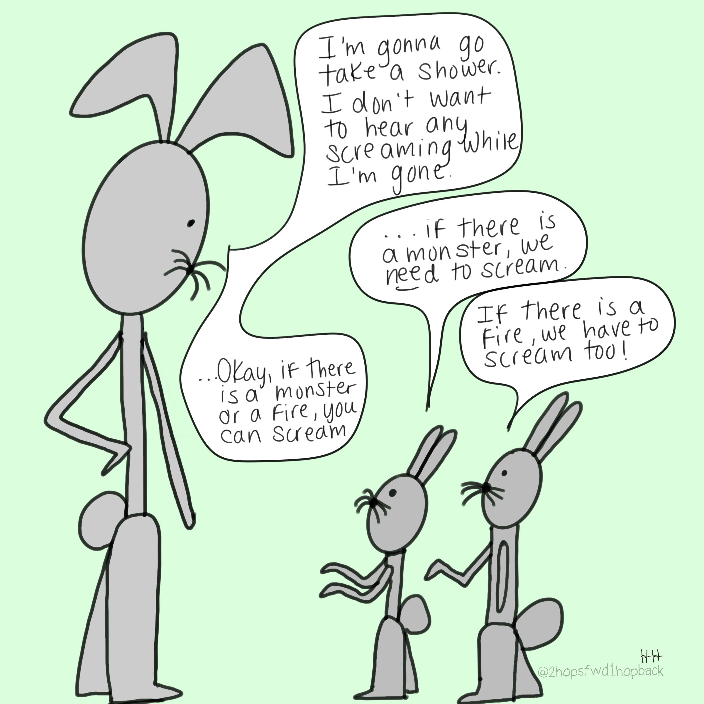 A054 - 2 hops forward 1 hop back - webcomic - parent bunny asks children not to scream while parent is showering and children are clarifying acceptable scream use cases, parent concedes