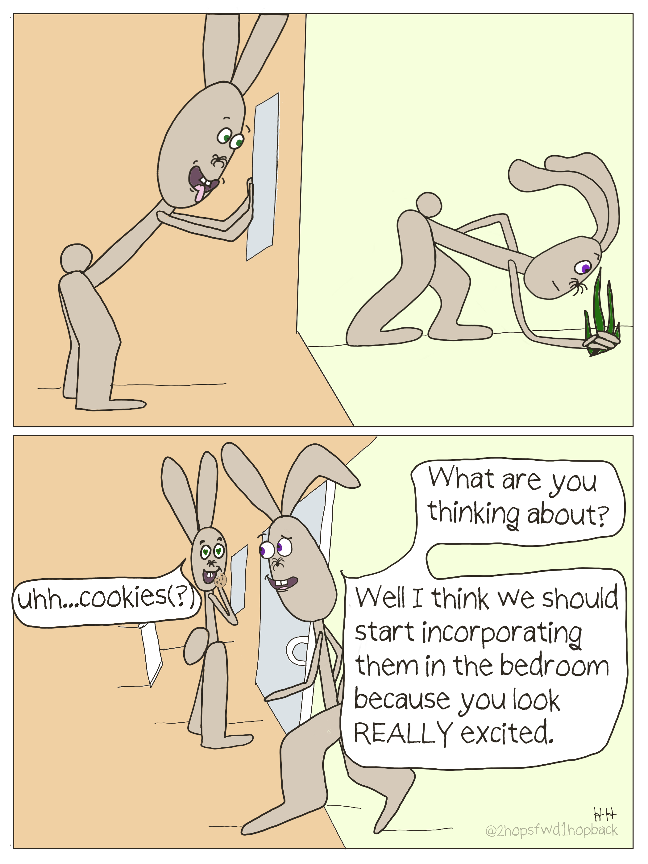 2026-017 - 2 hops forward 1 hop back - webcomic - bunny is hot for wife bunny but tries to hide it