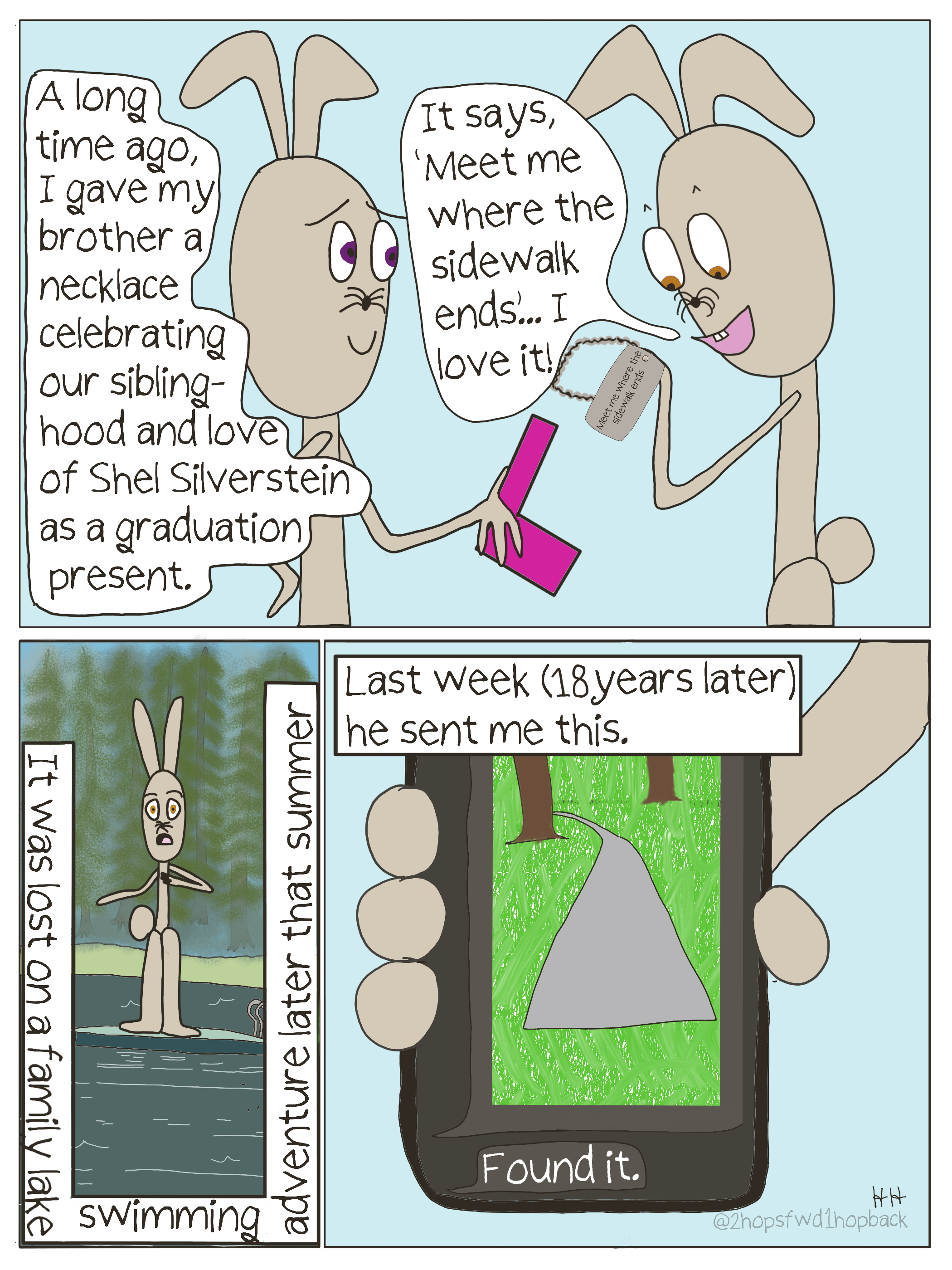 2026-018 - 2 hops forward 1 hop back - webcomic - bunny gives brother a meaningful gift, it's lost, but found 18 years later